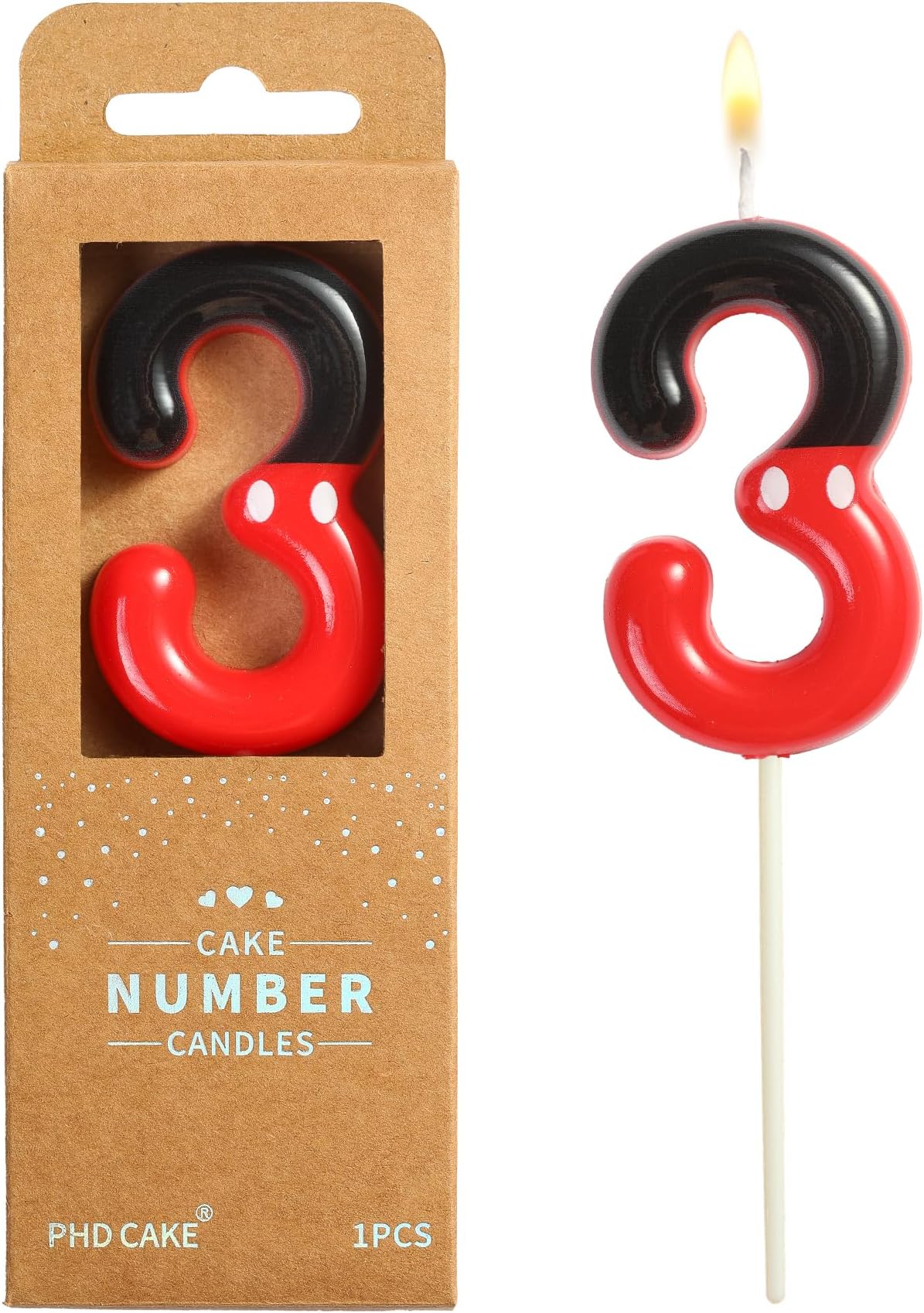PHD CAKE 2.76 Inch Cartoon Red and Black 3 Number Birthday Candles, Red Mouse Cake Topper, Cake Number Candles, Party Celebration, Style Candle