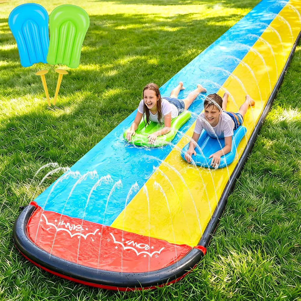 Mineup Wasserrutsche Garten 6.1m mit 2 Bodyboards Doppelrutsche Eingebautem Sprinkler
