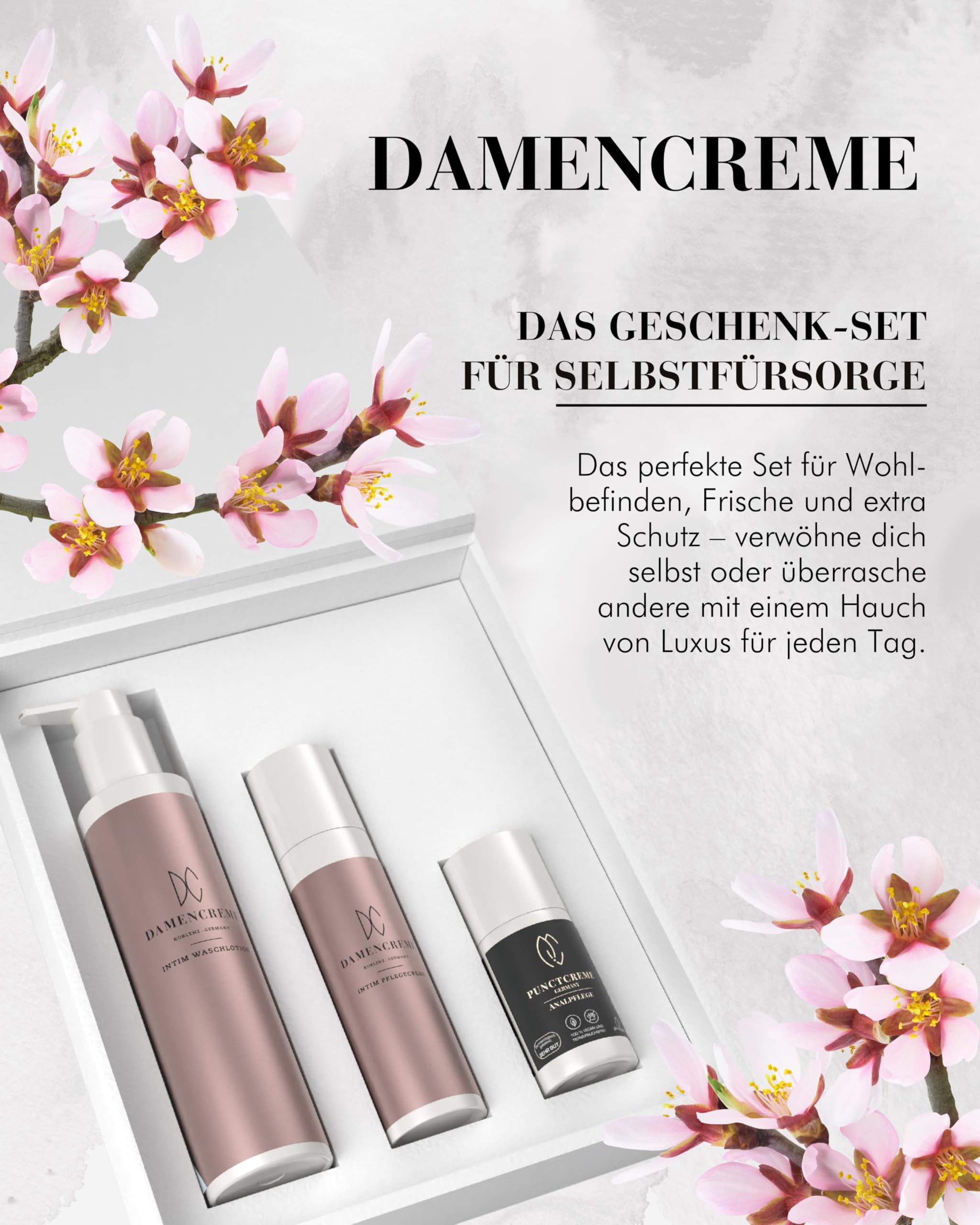 DAMENCREME Intim Pflege Set für Frauen I Intim Pflegecreme 75 ml, Duschgel 200 ml & Punctcreme 30 ml I Sanfte Reinigung I Vom Gynäkologen empfohlen I Dermatologisch getestet