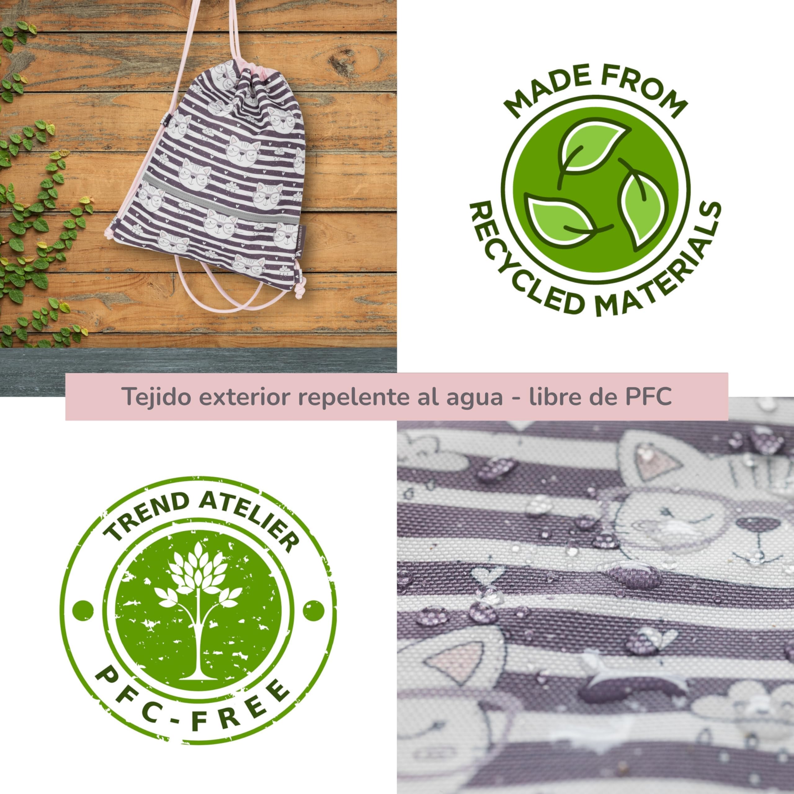 Torba gimnastyczna dziecięca z poliestru z recyklingu, wodoodporna, bez PFC, z odblaskami i paskiem piersiowym (Kot)