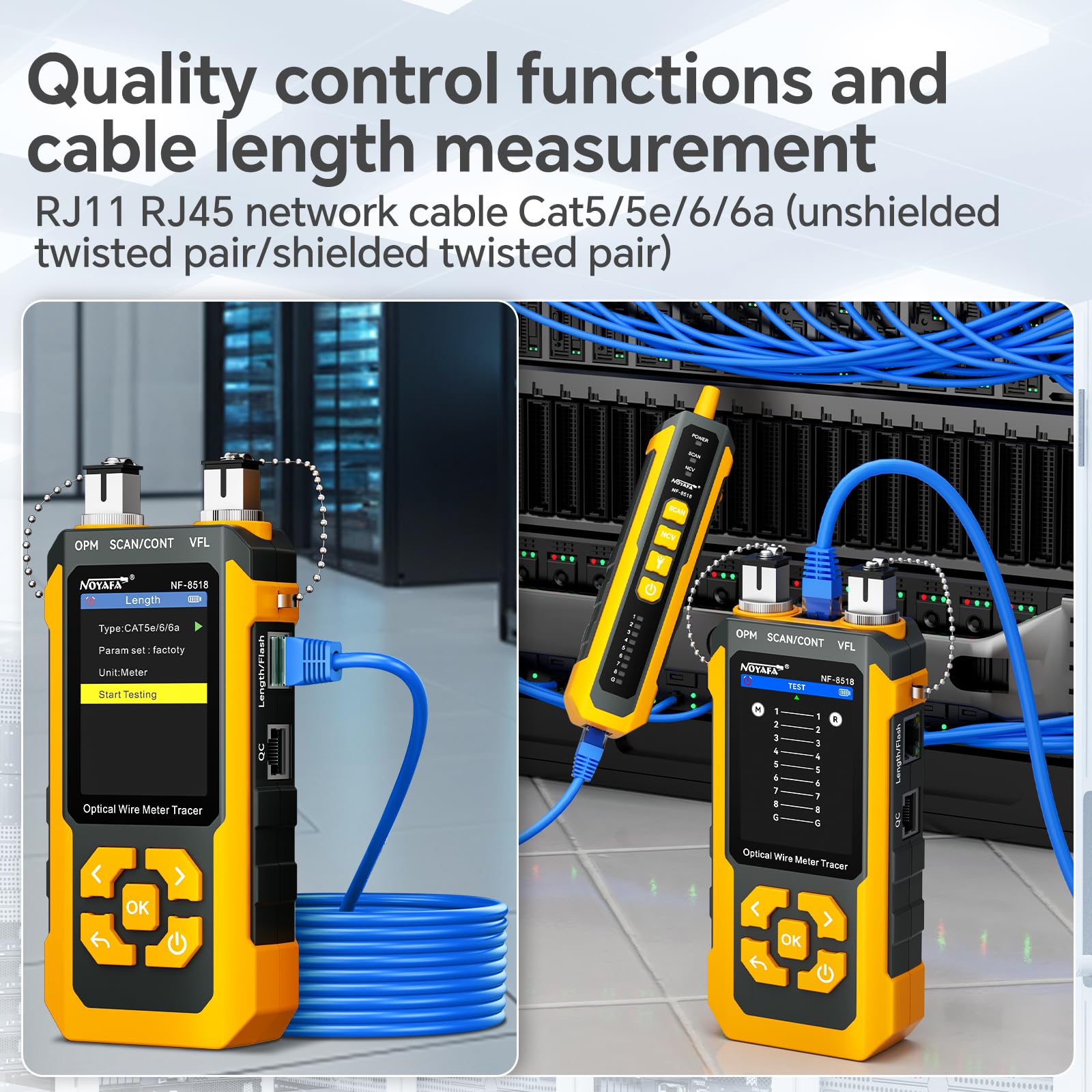 NOYAFA NF-8518 Netzwerkkabeltester mit optischem Leistungsmesser, Ethernet-Kabeltester, CAT6-Kabelortungsgerät, VFL-PoE-QC-Port-Flicker, Längenmessung, Glasfaser-Fehlerortungsgerät | Ethernet-Kabeltester, RJ45, CAT5, CAT6, Kabel-Tracker, NCV-PoE-QC-Port-F