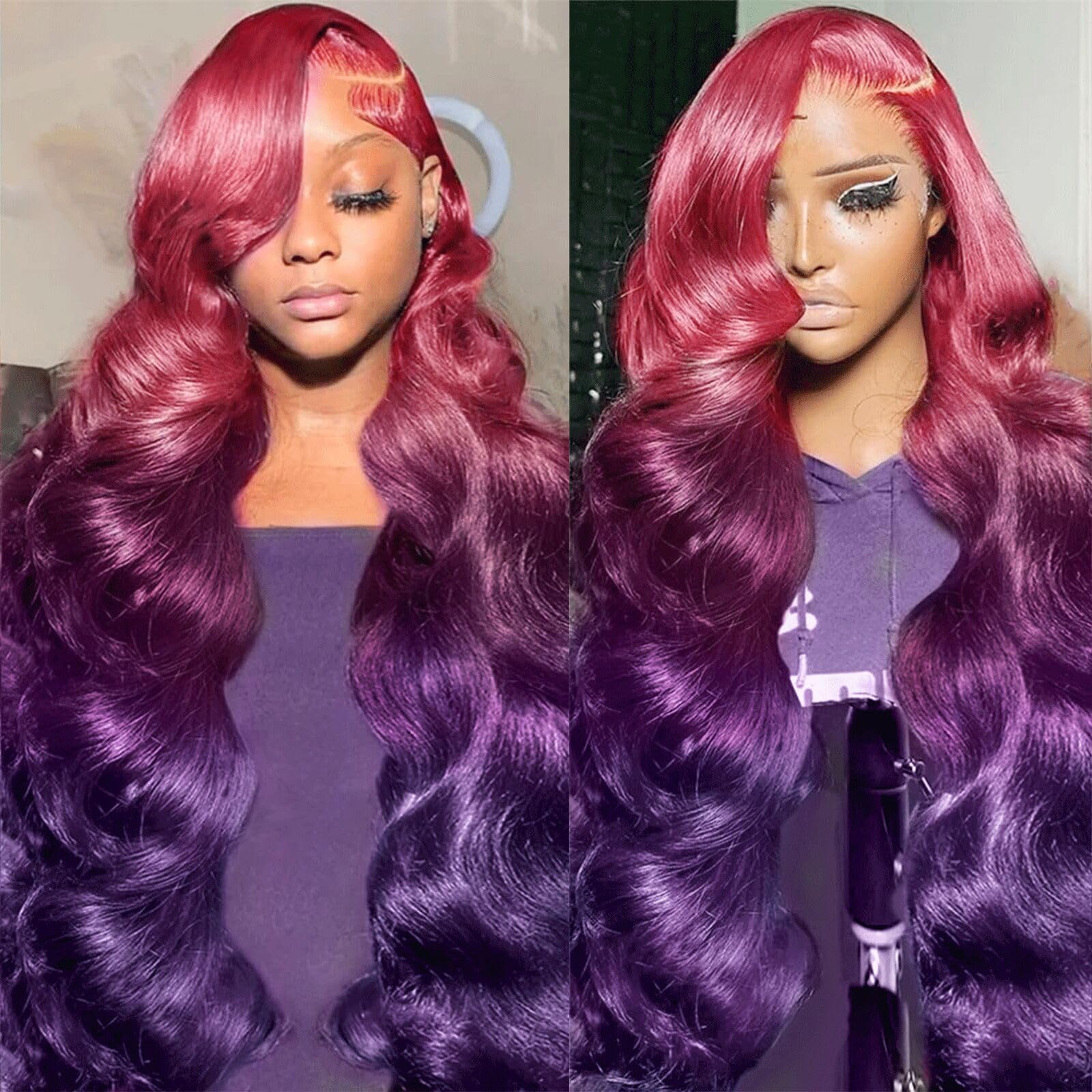 GGEDUO Dark Purple Ombre Lace Front Wig Human Hair Body Wave Burgundy Ombre 13x4 HD Glueless Lace Front Wigs 3 Tone Pink to Red and Purple Colored for
