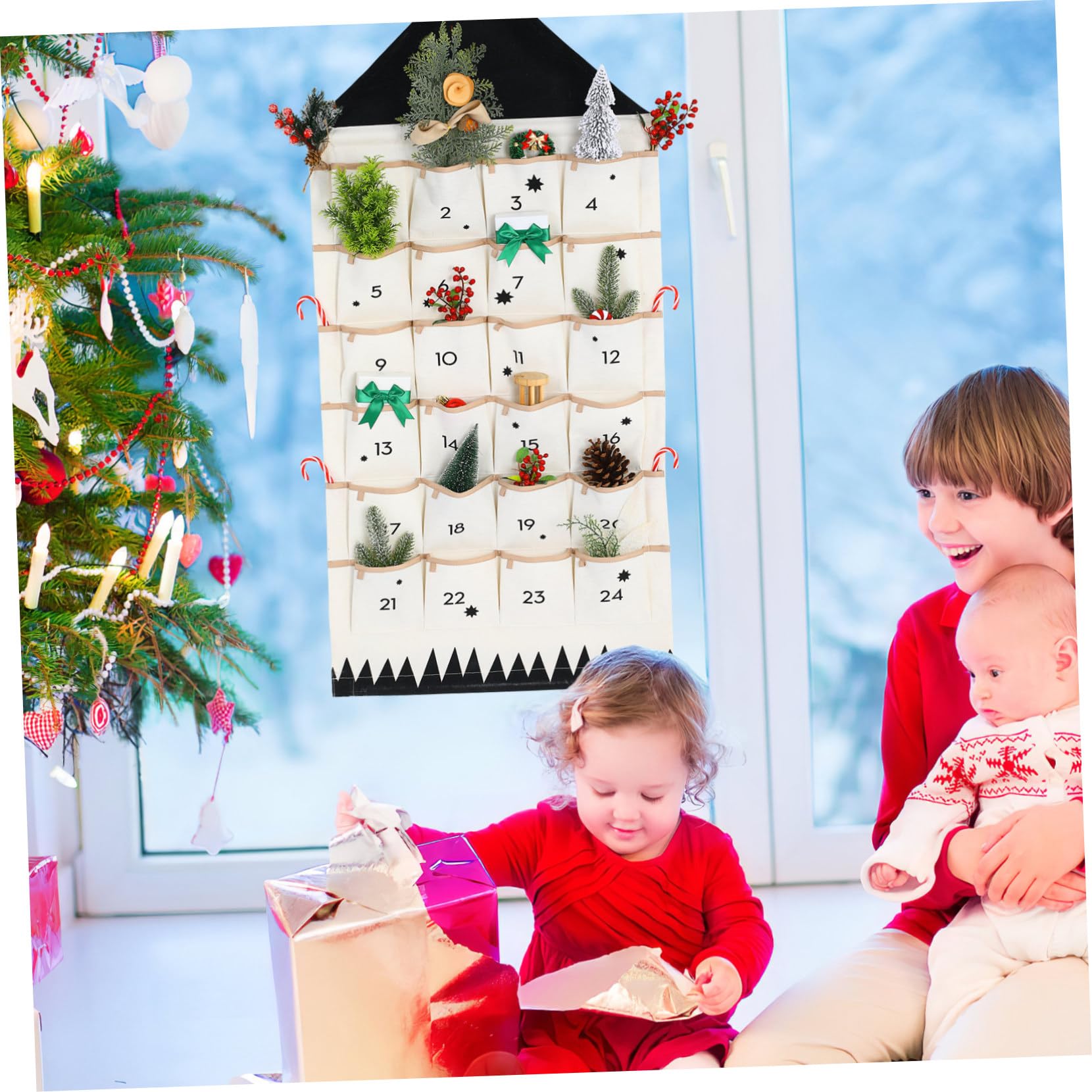 Weihnachtlicher Wandbehang mit Mehrfach-Aufbewahrungstasche aus Hochwertiger Baumwolle Wand Türhänger als Adventskalender und Dekoration für Erwachsene