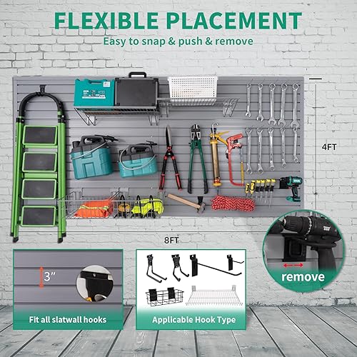 Miniatura 2 de Paneles de pared de listones para garaje, listones, organizador de sistemas de almacenamiento de pared, gris Slatwall de 4 x 8 pies, montaje de