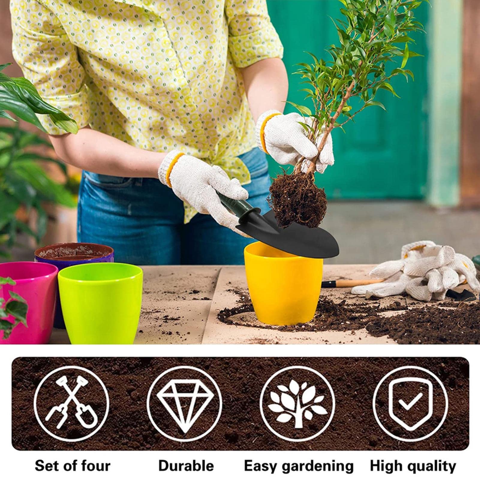 Kit Giardinaggio 4 Pezzi - Attrezzi Acciaio Inox Con Impugnature Antiscivolo, Per Vaso E Orto