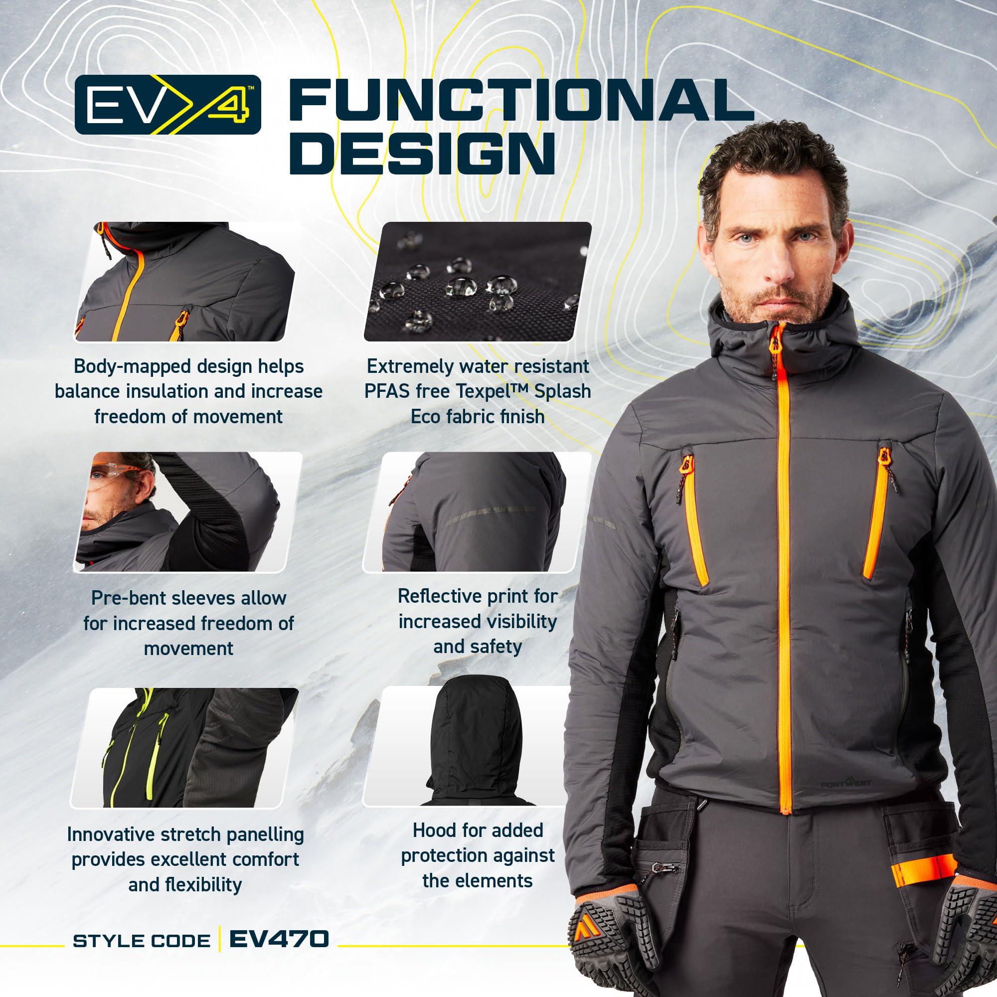 Portwest EV470 Men's Insulated Hybrid Jacket - Lightweight Breathable Reflective Workwear Jacket with Hood