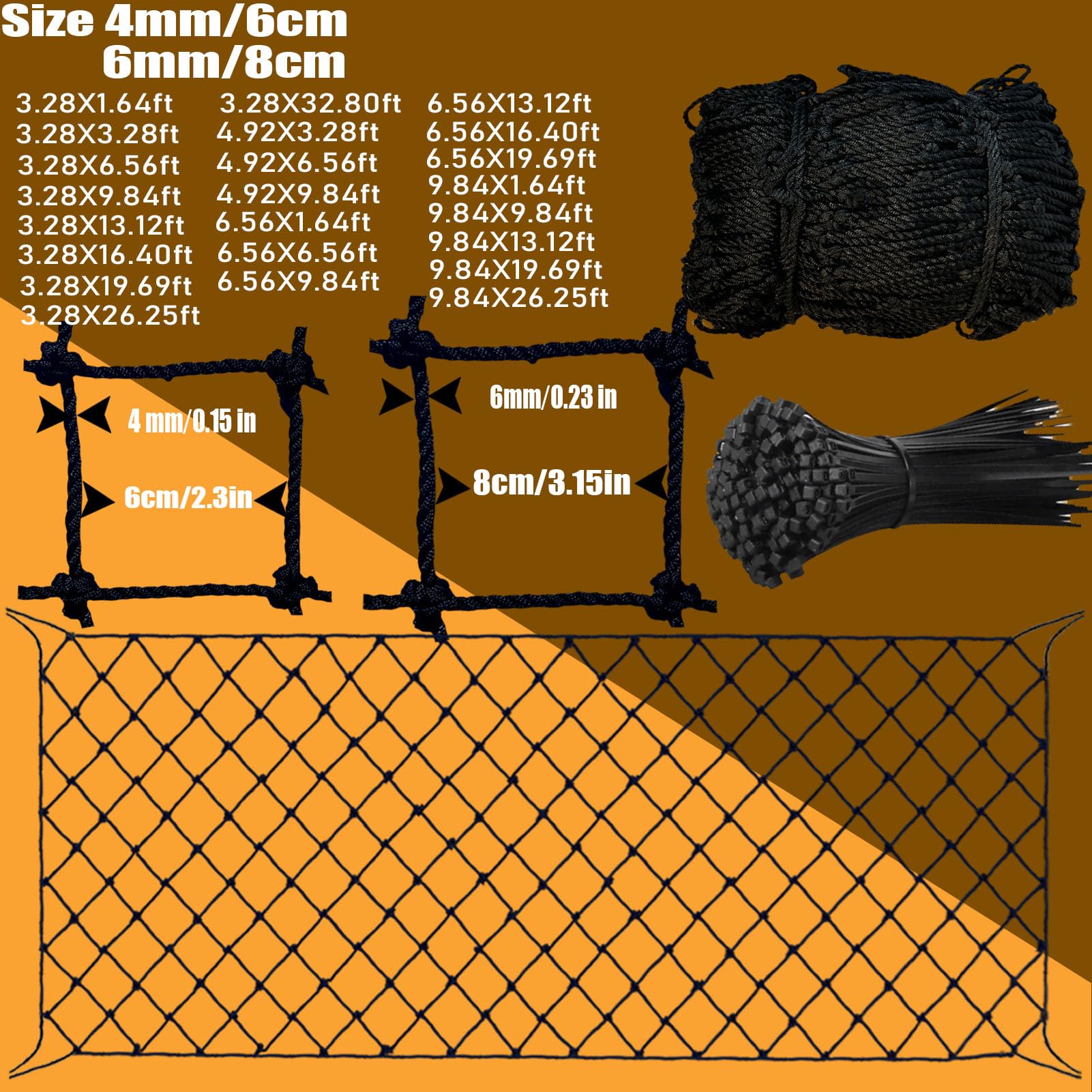 HARERNET Safety Rope Net Child Safety Net Stairs Railing Balcony Playground Fence Driveway Safety Netting Protection Rope Netting Indoor& Outdoor Decor Net Black (6mm,1X1m), 3.28X3.28ft, 6mm/8cm