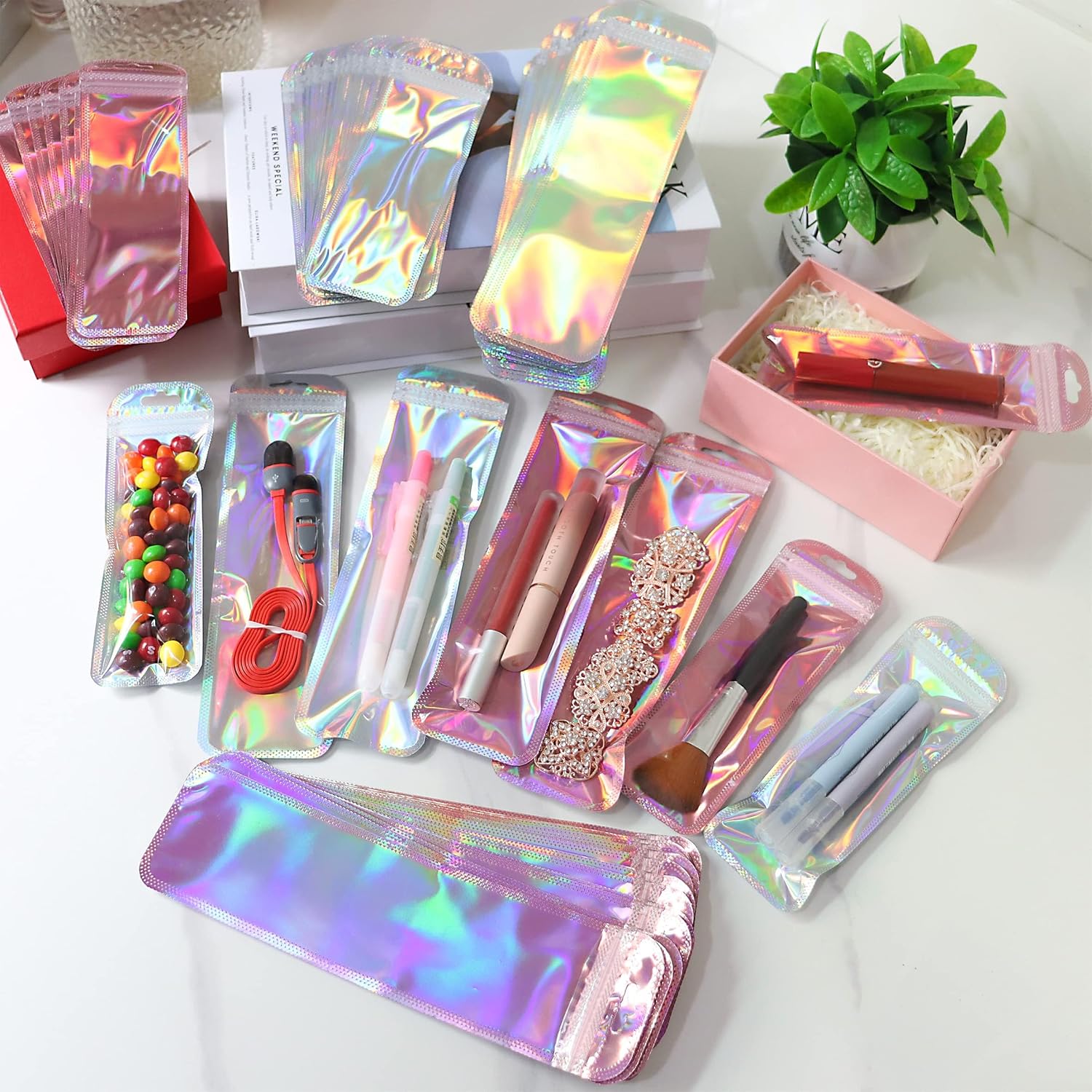 160 Pcs Resealable Holographic Bags Aluminum Foil Rainbow Color image 2