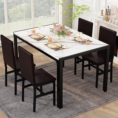Miniatura 11 de DKLGG Juego de 4 sillas de mesa de comedor para 4, juego de 4 sillas de mesa de comedor de 5 piezas, juego de mesa de comedor de mármol sintético