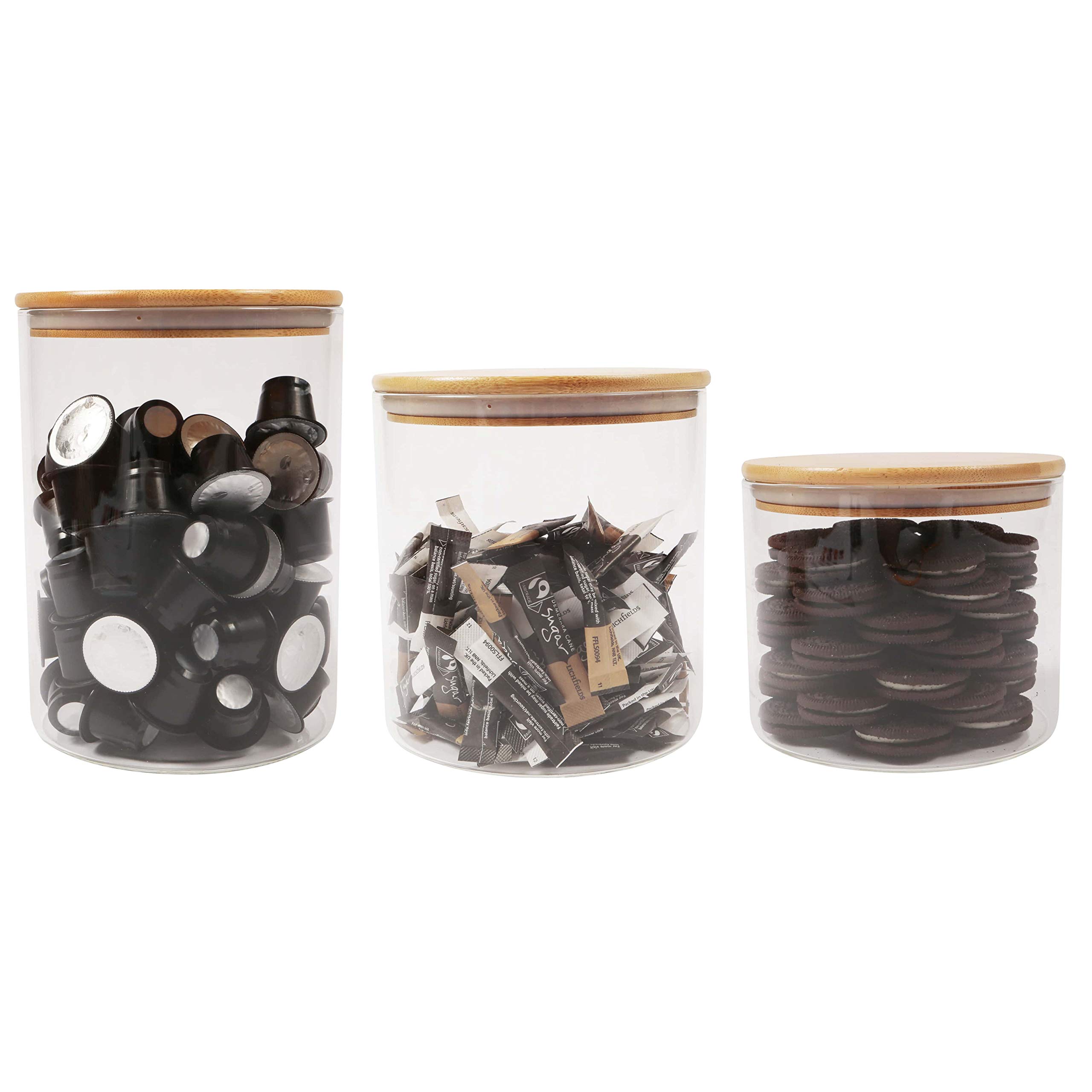 ORNAMI Wide Mouth Borosilicate Glass Storage Jar with Airtight Bamboo Lid | Large Capacity Canister Ideal for Bulk Kitchen Storage, Set of 3 (2L+2.6L+3.2L)