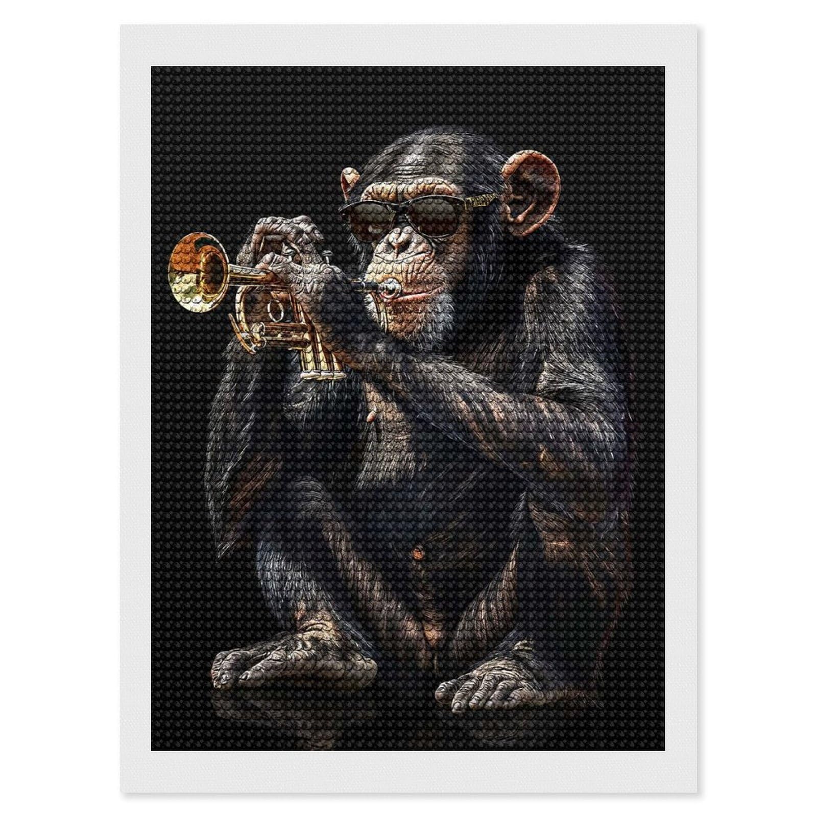 Junmoney Chimpanzee Trumpet Diamond Art Kit 12"x16", Bedroom Decor, Adhesive Canvas, Full Kit Included, Thoughtful Present, Birthday Gift