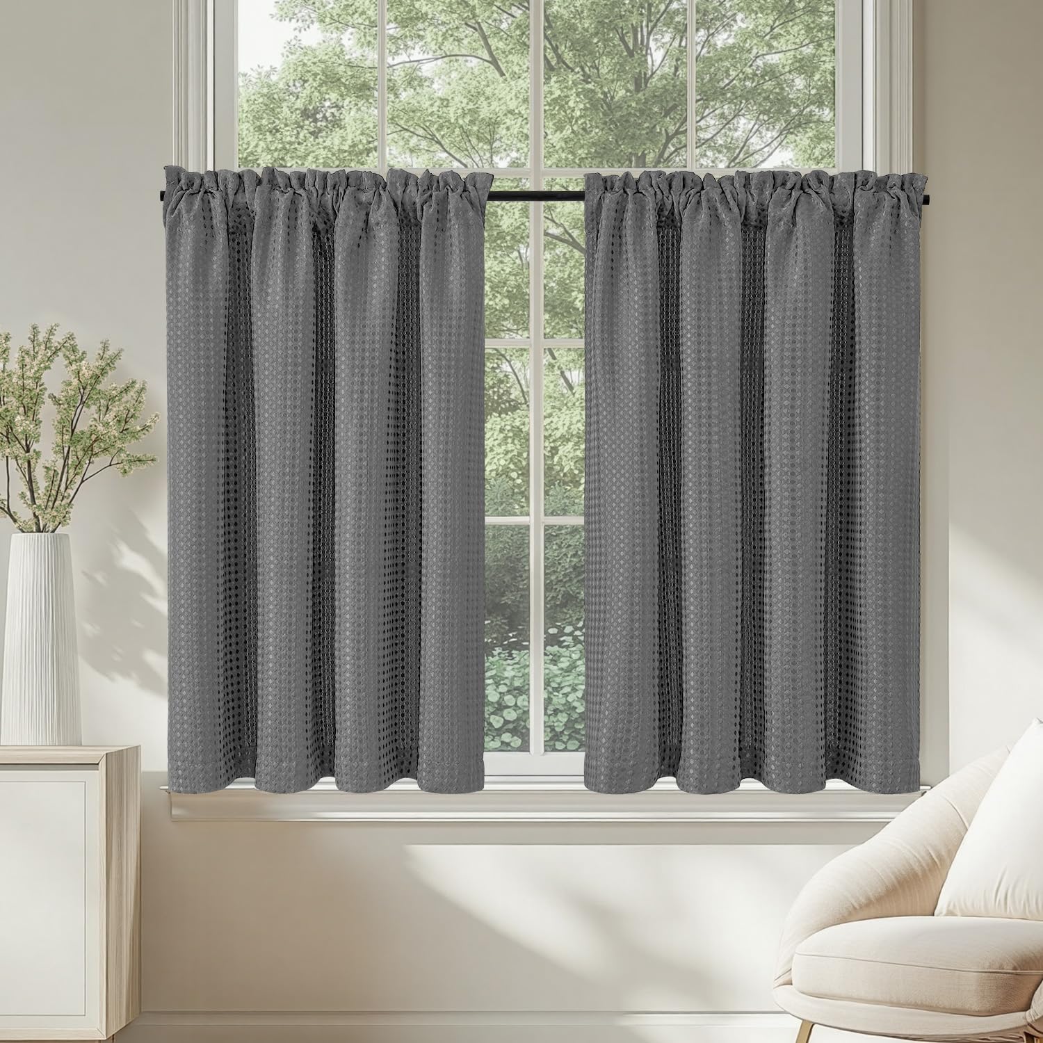 TOPICK Küchenvorhang, Wohnzimmer, mit Waffelmuster, für den Außenbereich, Kurzfenster, Vorhänge, Scheibengardinen, Dekoration, Terrasse, Schlafzimmer, Schrank
