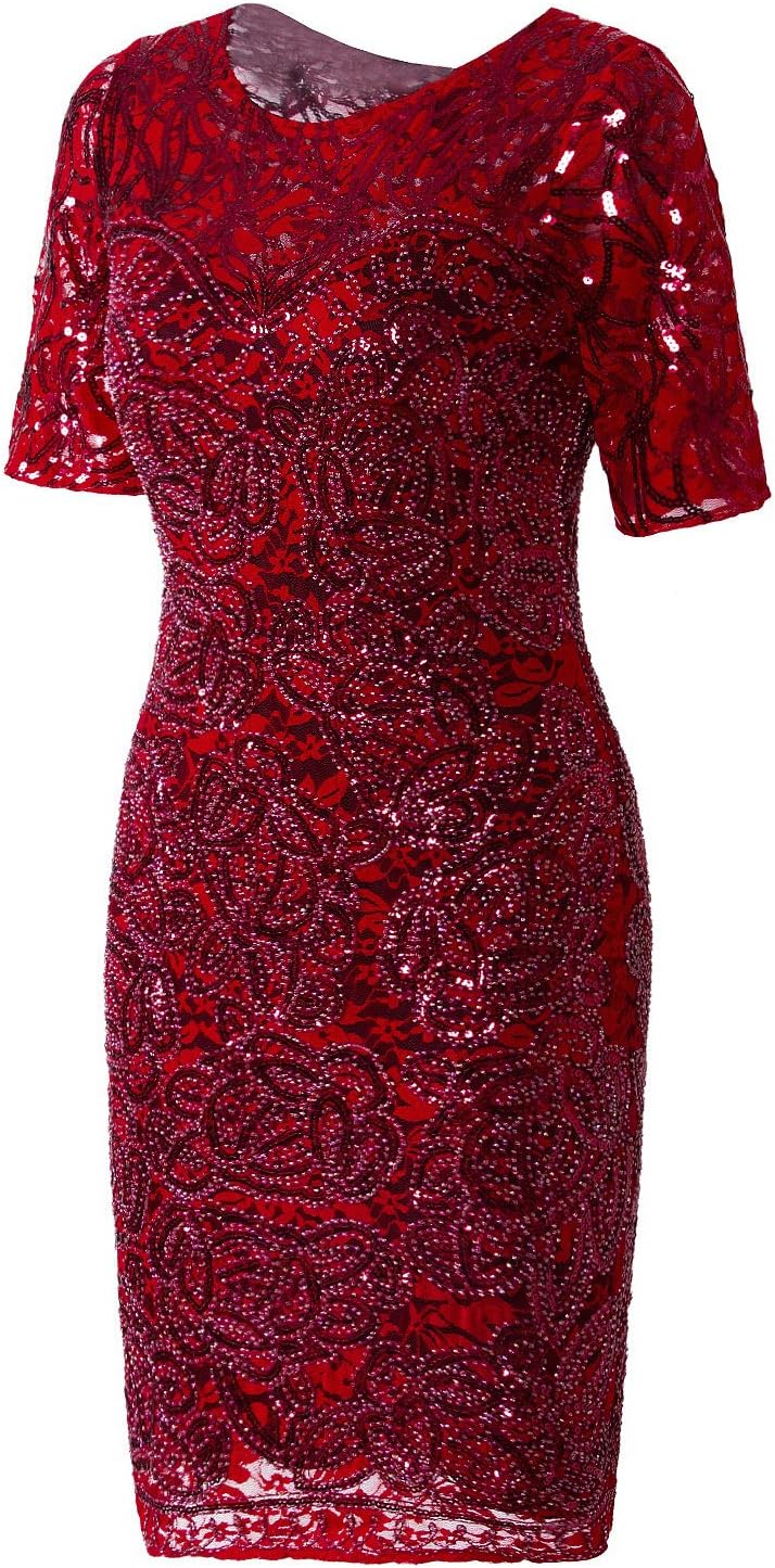 Vijiv Vintage 1920s Gatsby Sequin Beaded Lace Cocktail Party Flapper Dress with Sleeves - Image 3