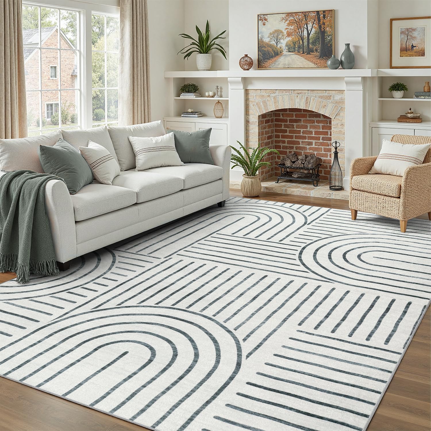 Condition photo showing Good Condition for dcx abstract machine washable 9x12 ft rug, gray modern accent rug for living room, soft low pile non slip carpet, kid & pet friendly stain resistant rug for bedroom dining room office