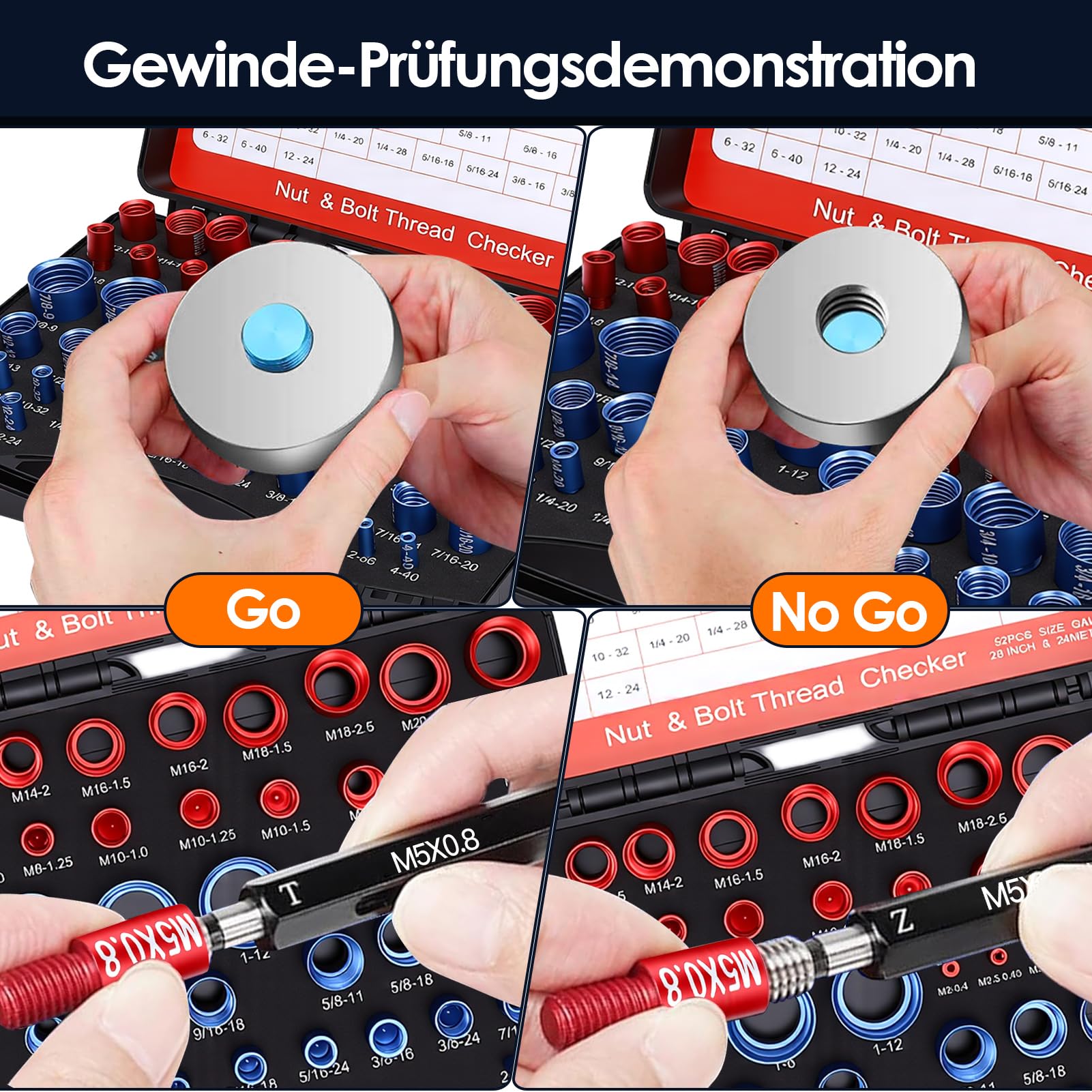 Schrauben Gewinde Prüfer Set 52-teilig Aluminium Aufbewahrungsbox 28 Zoll 24 Metrisch