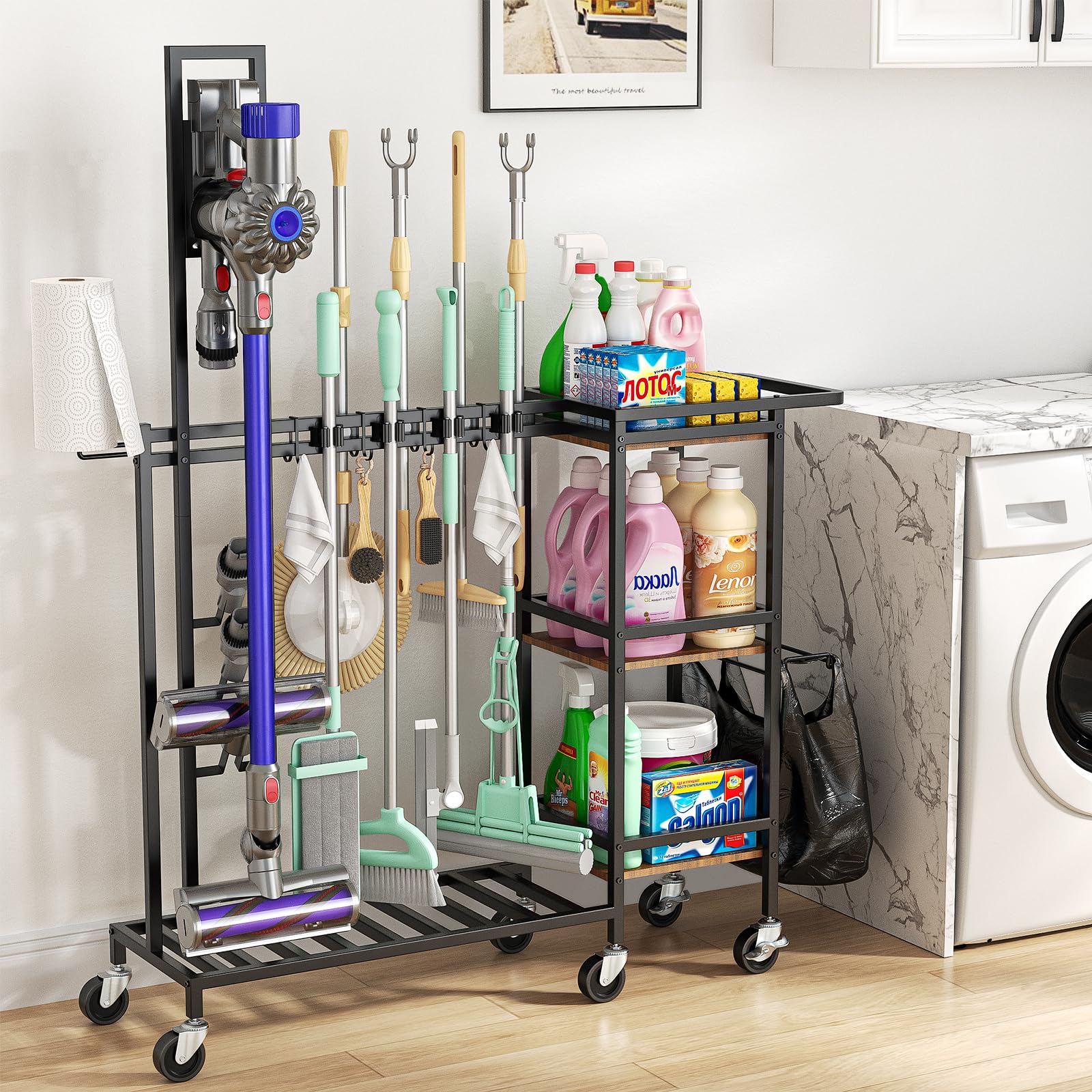 Housolution Cleaning Utility Cart on Wheels, Multifunctional Cleaning Tools Supplies Organizer with Broom and Mop Holder, Vacuum Stand Compatible with Dyson, Rolling Storage Caddy Cart for Home