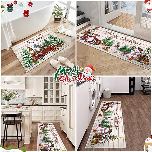 Miniatura 3 de Pauwer Juego de 3 alfombras de cocina de Navidad, tapetes de cocina de árbol de Navidad, alfombras y tapetes de cocina de granja, antideslizantes,