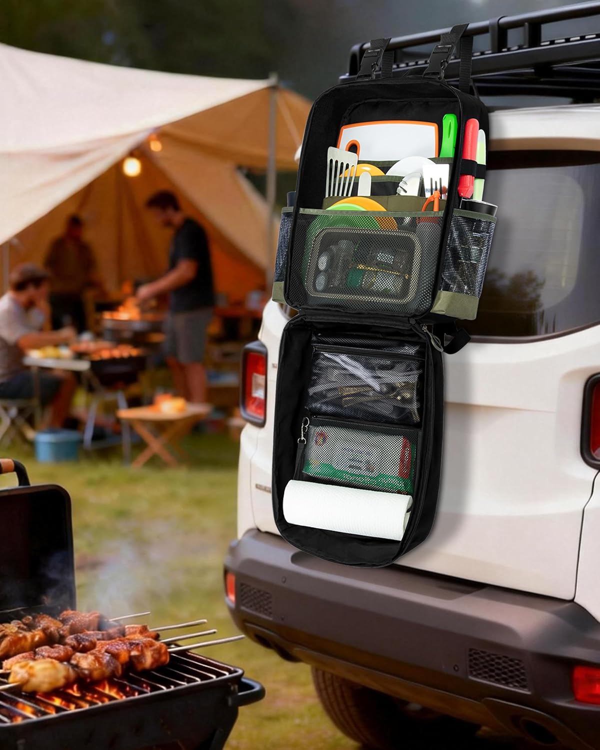 Camp Kitchen Organizer Backpack with Paper Towel Holder, Hanging Camping Utensil Storage Bag with Multi Pockets for Camping Utensils, Barbecue Tool, Bag Only, Black - Image 6