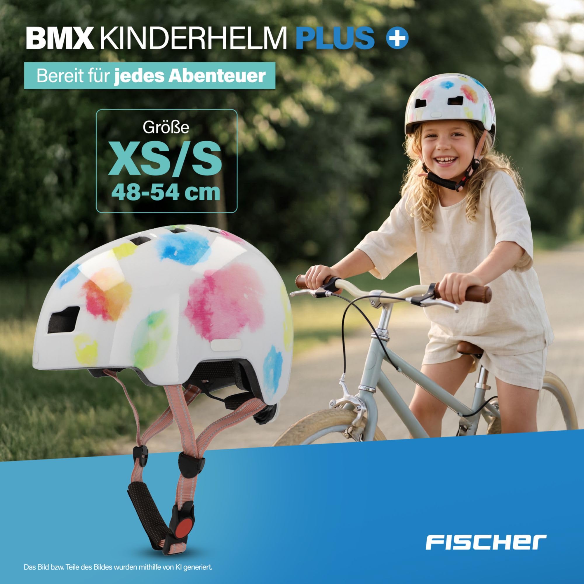FISCHER BMX kask rowerowy, kask rowerowy Dirt Bike Plus Splash, XS/S, 48-54 cm, kolorowy, z wbudowanym tylnym światłem LED