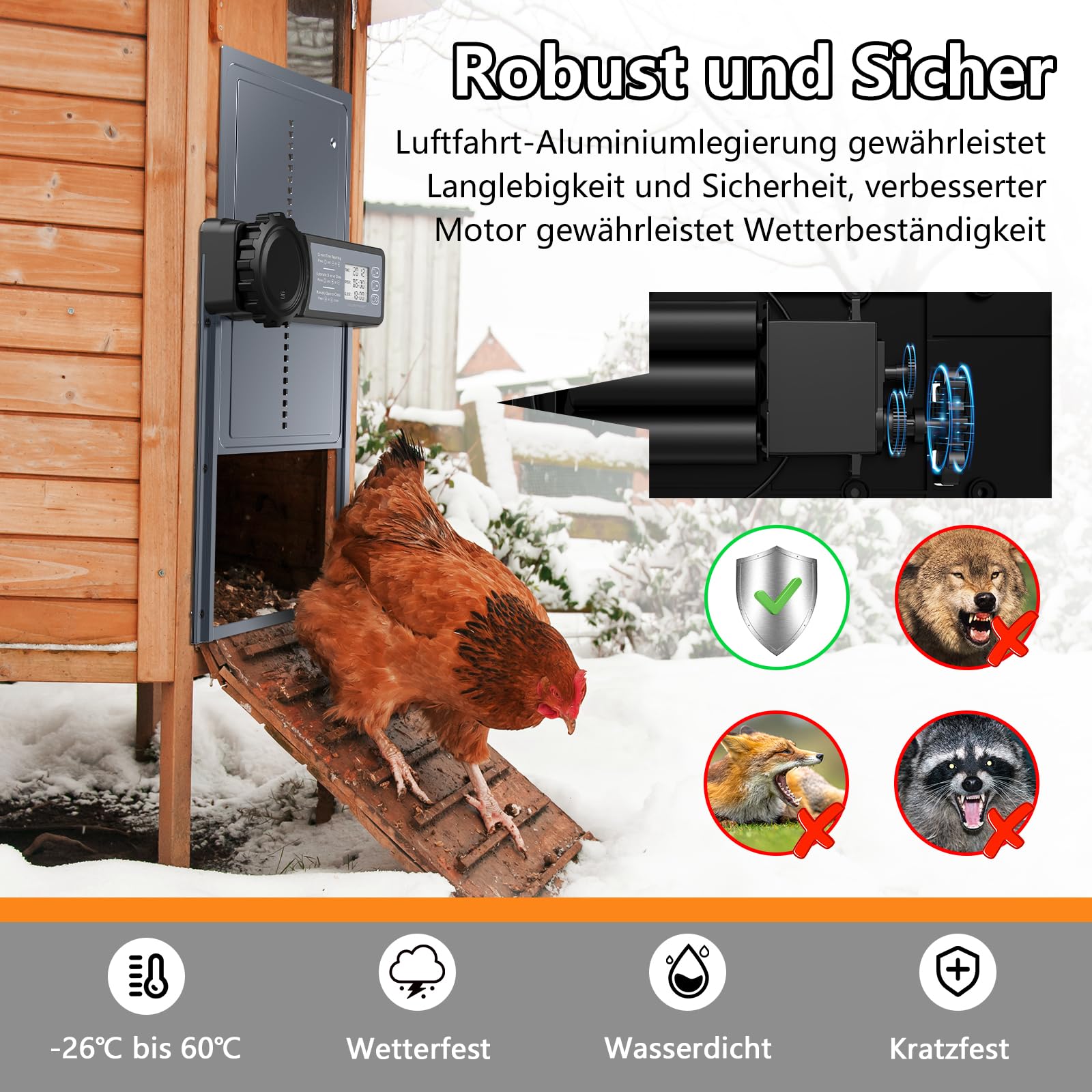 Aluminium automatische kippenklep, batterij, elektrische kippenklep met waterdicht, groot display, timer, handmatig, automatische kippendeur, intelligente klembeveiliging, wit Aluminium automatische kippenklep, batterij, elektrische kippenklep met waterdicht, groot display, timer, handmatig, automatische kippendeur, intelligente klembeveiliging, wit