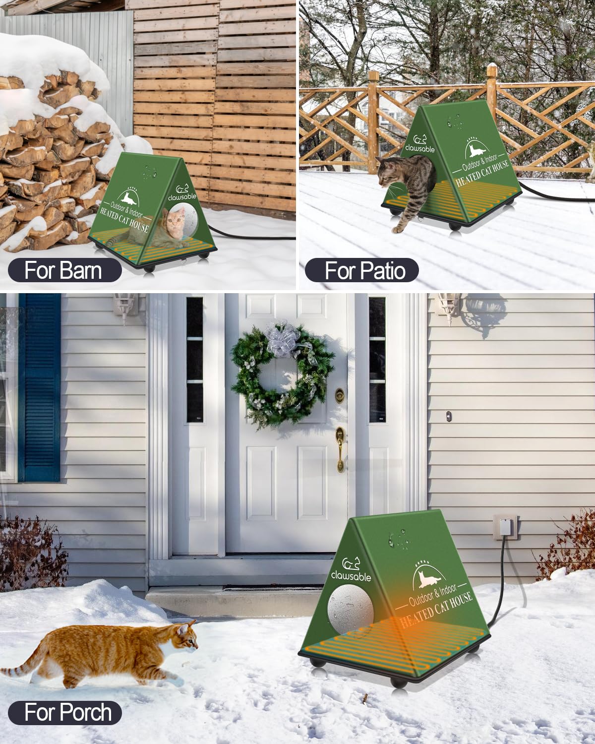 Clawsable Indestructible Heated Cat House for Outdoor Cats in Winter, Extremely Waterproof, Highly Insulated & Elevated Outdoor Feral Cat House Shelter for Stray Barn Cat (Heated, A-Frame)
