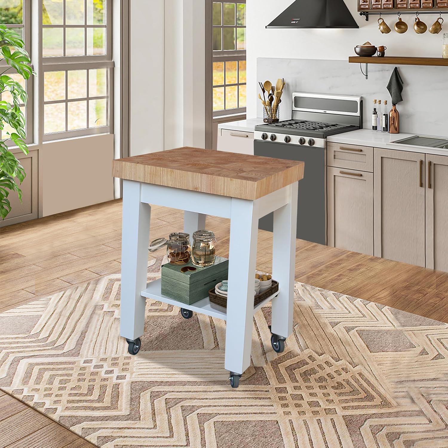 International Concepts 24" Solid Wood Kitchen Cart, 2.75" Thick Butcher Block Top, Rolling Prep Station with Locking Casters & Fixed Shelves - Sustainable Parawood