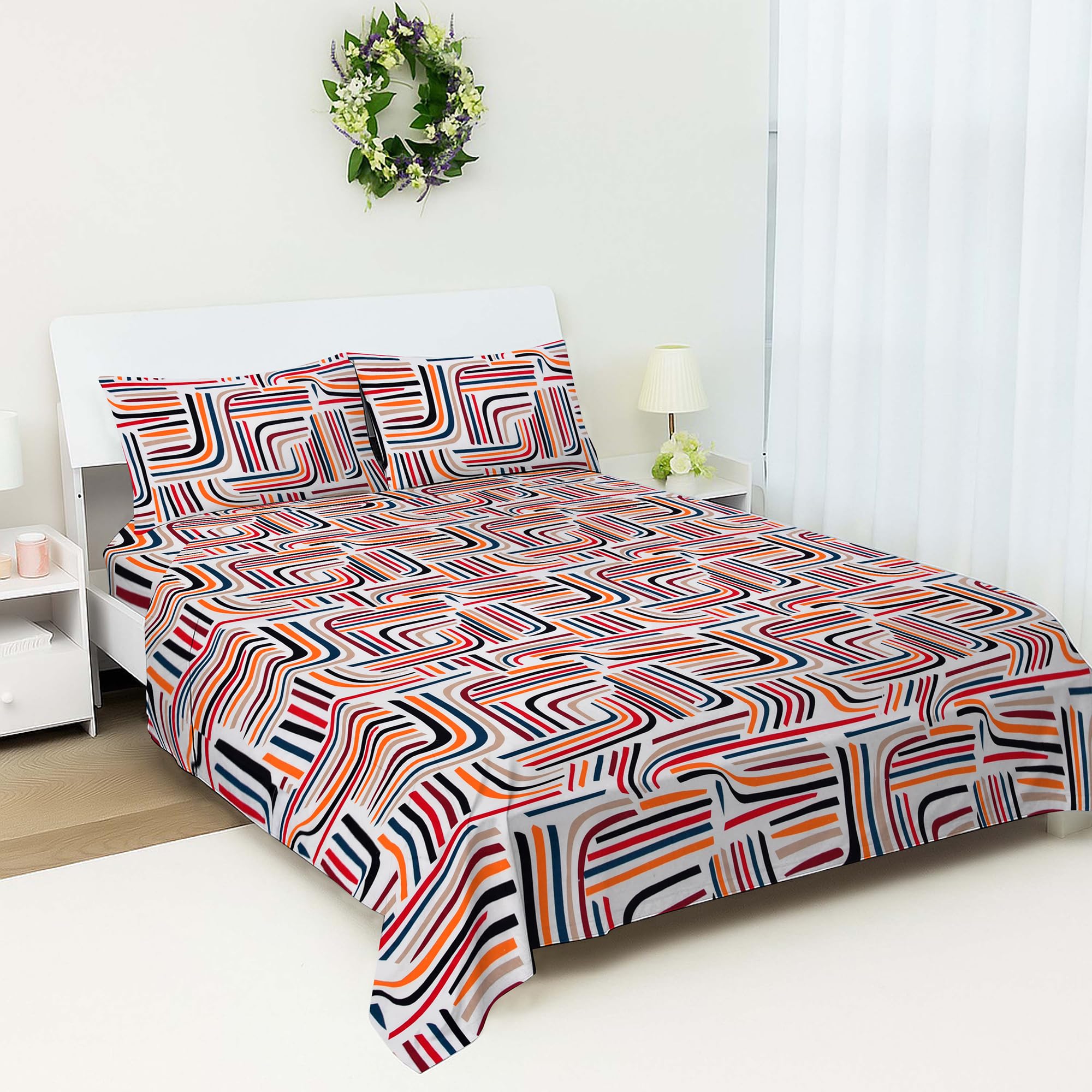 Bloombedding Printed King Size Flat Sheet Bed Set | Cozy Single Flat Sheet with Pillowcase | Strong, Lightweight & Easy Care Bedding