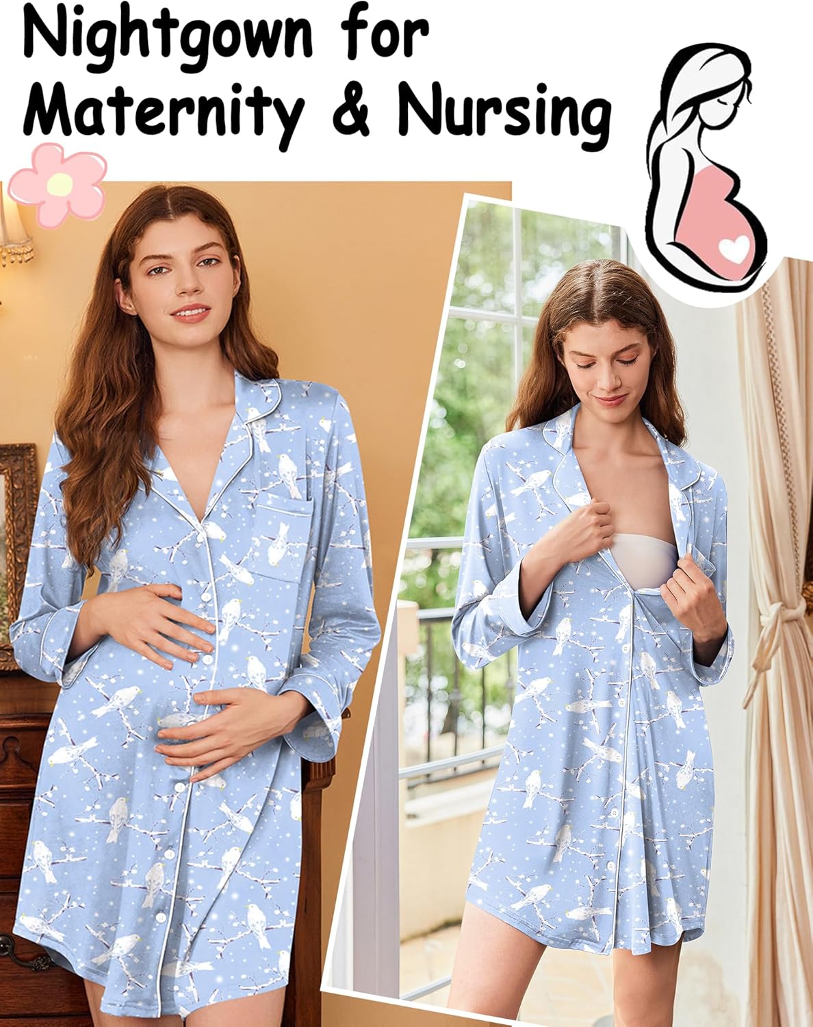 Ekouaer Nightgowns for Women Long Sleeve Nightshirt Button Down Sleepshirt Nightdress Boyfriend Sleepwear S-XXXL - Image 5