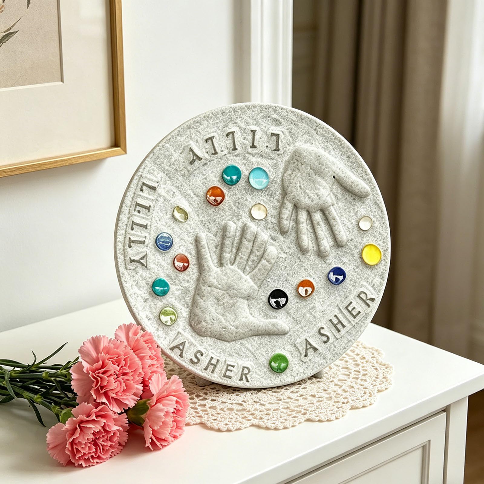 Runder Trittstein aus Beton selber machen, Komplettset für Hochzeit & Geburtstag, inkl. Buchstabenstempel & Glassteine (35cm)