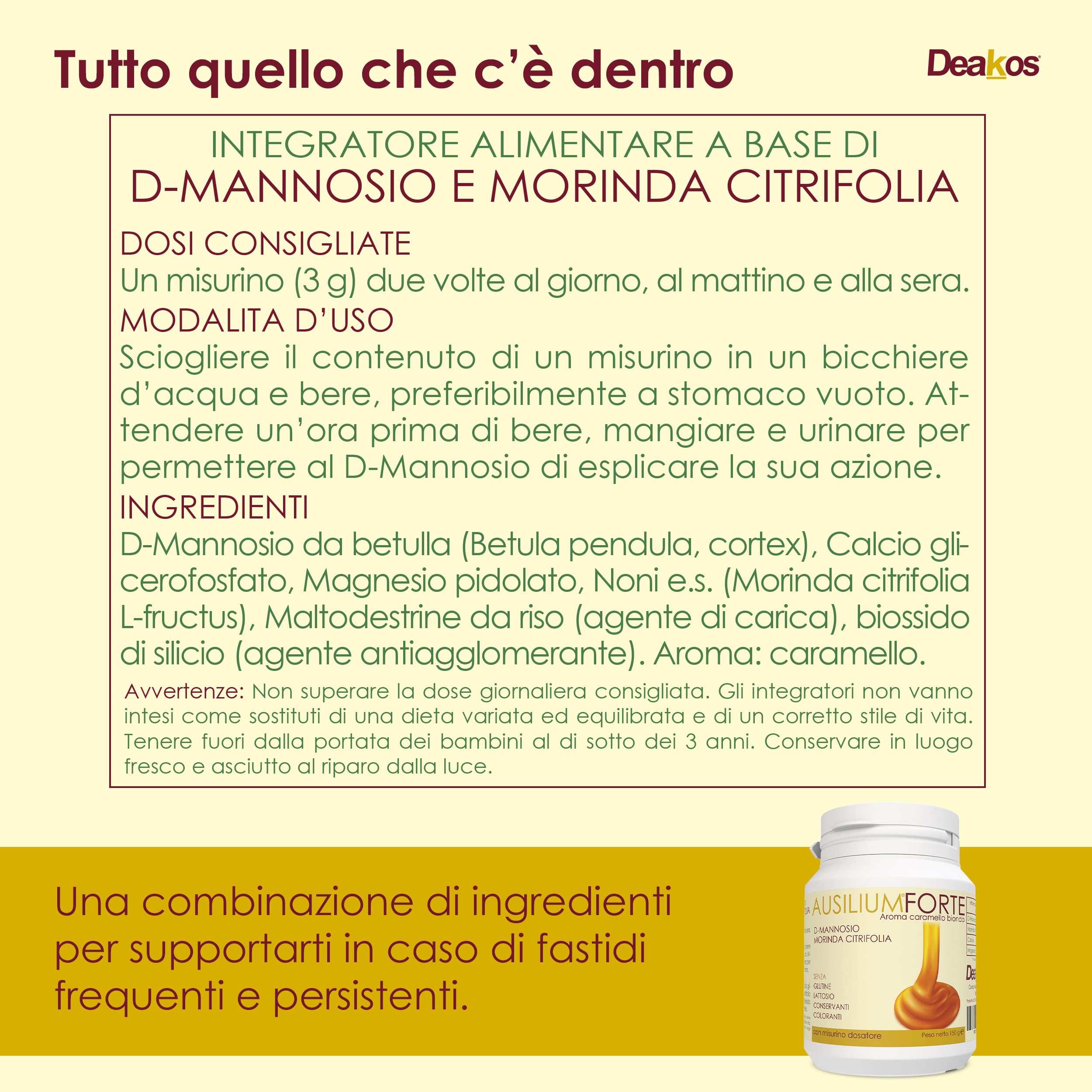 Deakos Ausilium Forte 150g - Integratore Cistite Donna e Benessere delle Vie Urinarie - In Polvere Gusto Caramello - A base di D Mannosio Puro e Morinda Citrifolia - Senza Glutine e Lattosio