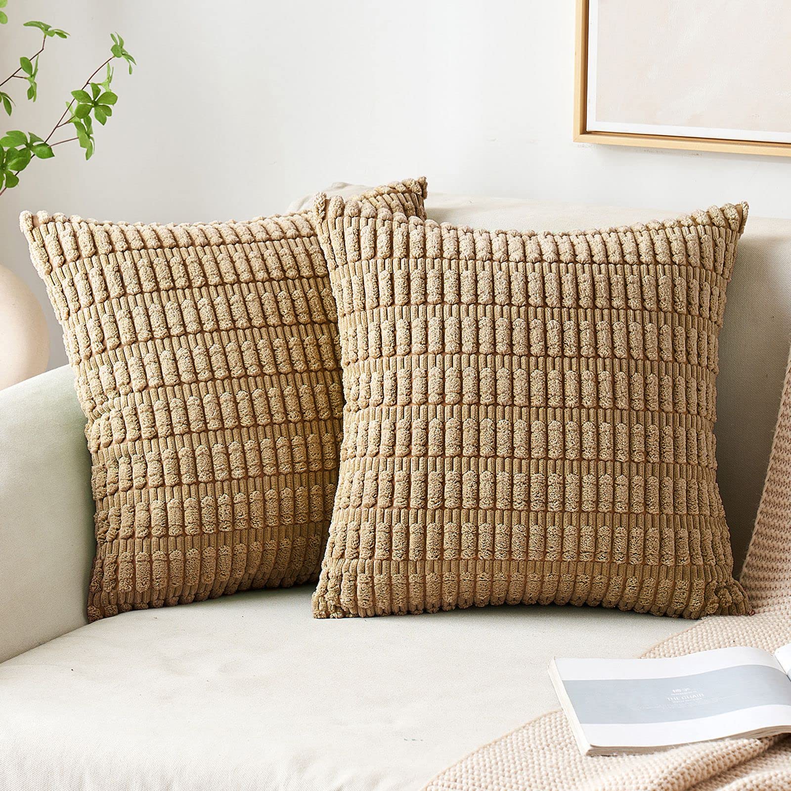 MIULEE Pack of 2 Corduroy Decorative Throw Pillow Covers 18x18 Inch Soft Boho Striped Pillow Covers Modern Farmhouse Home Decor for Sofa Living Room Couch Bed Khaki
