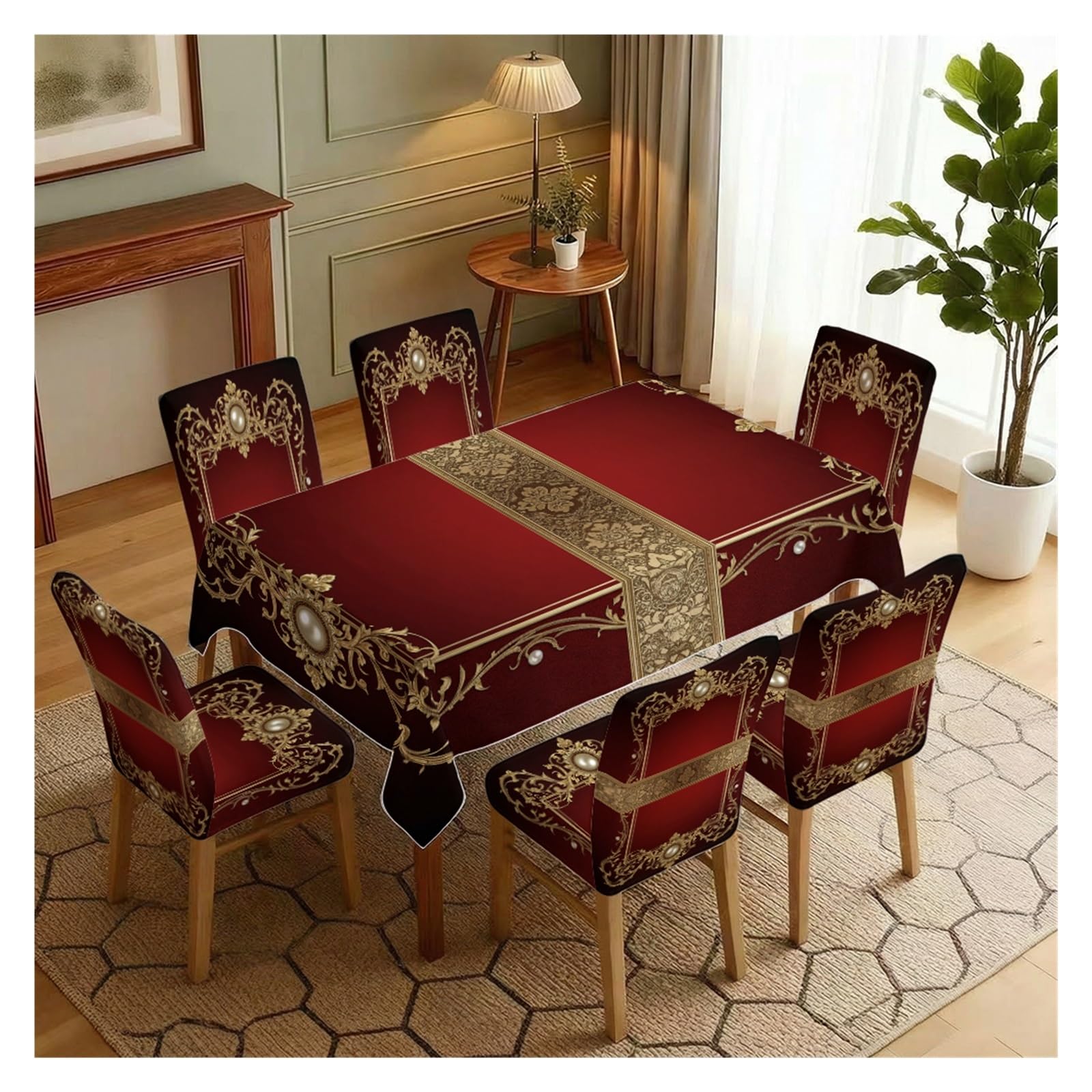 BOSUYBN Luxury Baroque Dining Set Covers, 5/7 Piece Tablecloth And Chair Slipcovers In Red And Gold With Pearl Details For Elegant Interiors Table Setting(7pcs Set: Tablecloth+Chair Covers)