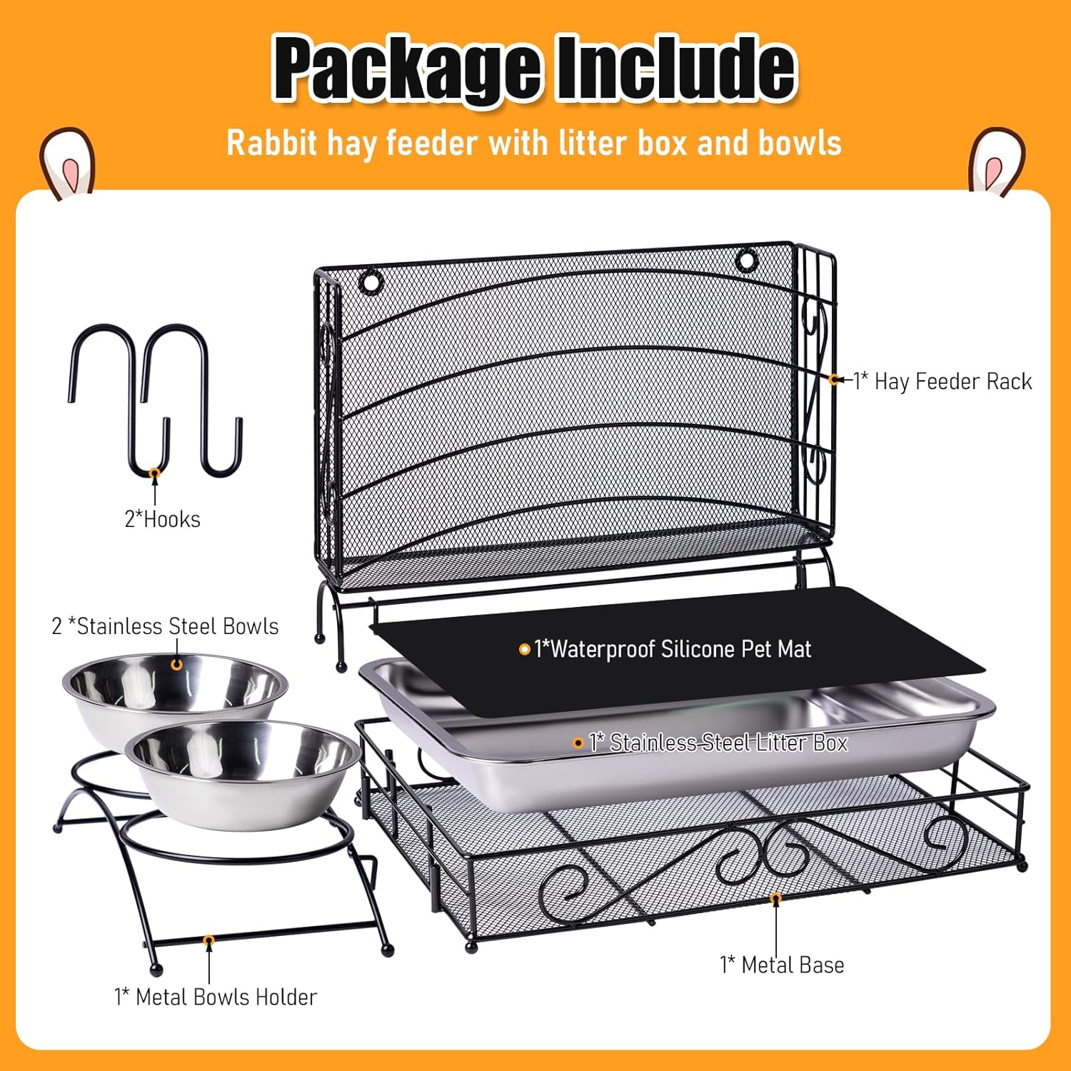 3 In1 Rabbit Hay Feeder with Litter Box Metal Bunny Feeder No Mess Hay Feeding with Water Food Bowls for Guinea Pig Rabbit Chinchillas Small Animal