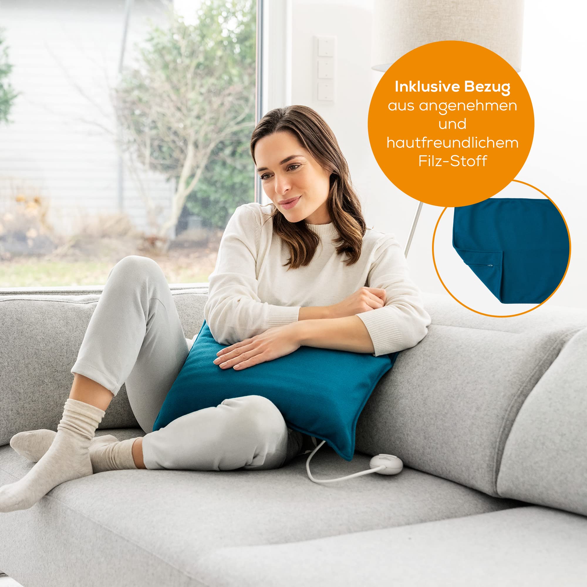 Beurer HK 48 Cosy Sofa-Heizkissen mit Schnellheizung, 3 beleuchtete Temperaturstufen und Abschaltautomatik, extra weiches Wendekissen, mit zusätzlichem Filz-Bezug, petrol