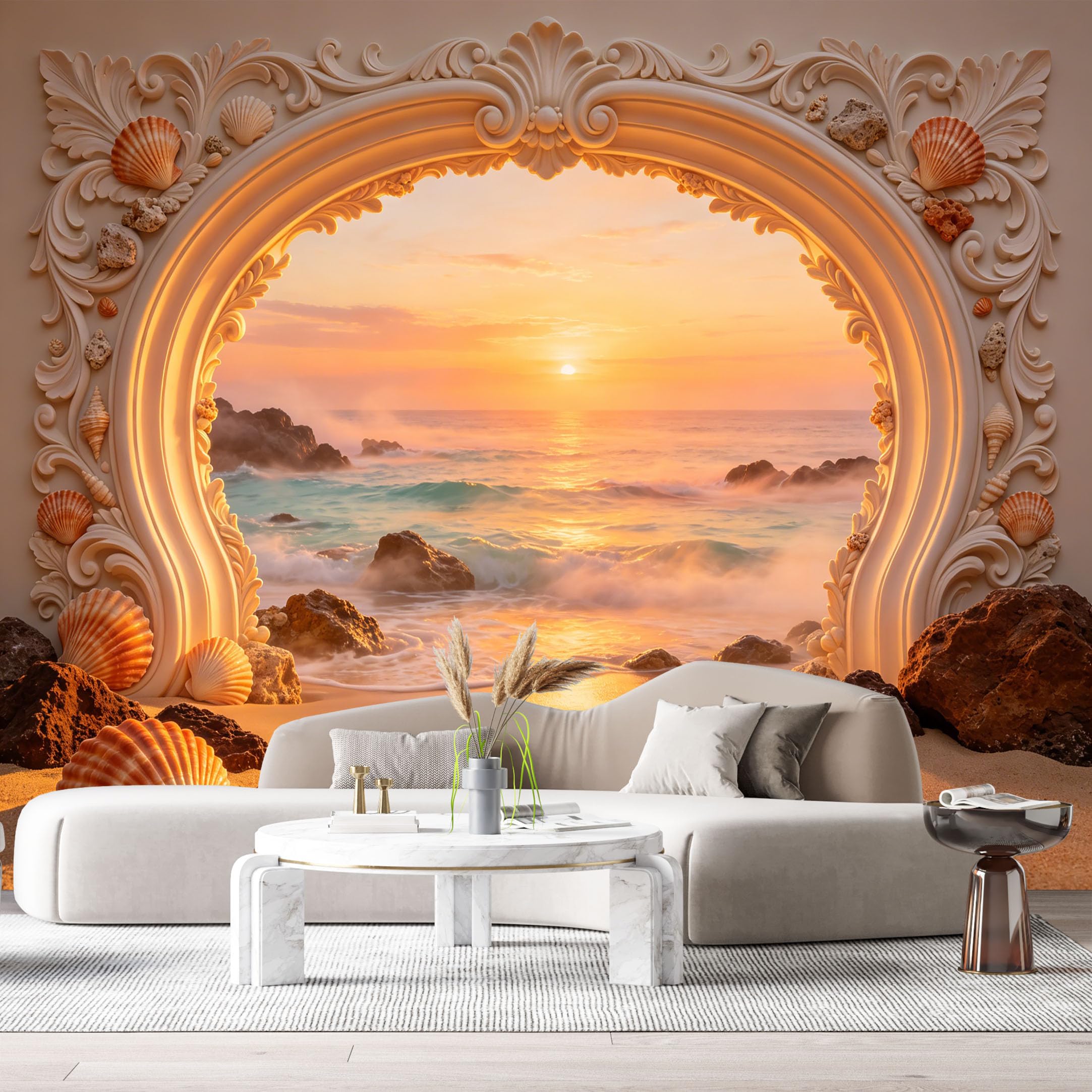 Custom Size Wall Murals Coastal Ocean Sunset Seascape Archway 3D Trompe L'Oeil SelfAdhesiveWall Fabric Removable Wallpaper Wall Decor for Living Room Bedroom Bathroom