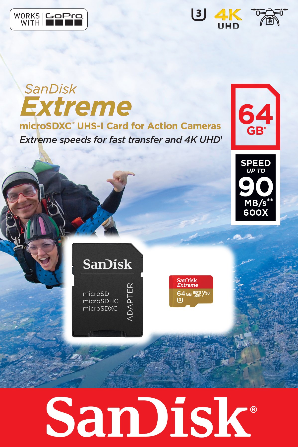 Carte microSDXC SanDisk Extreme 64 Go pour les Caméras de Sports d'Action jusqu'à 90 Mo/s, Classe 10, U3, V30
