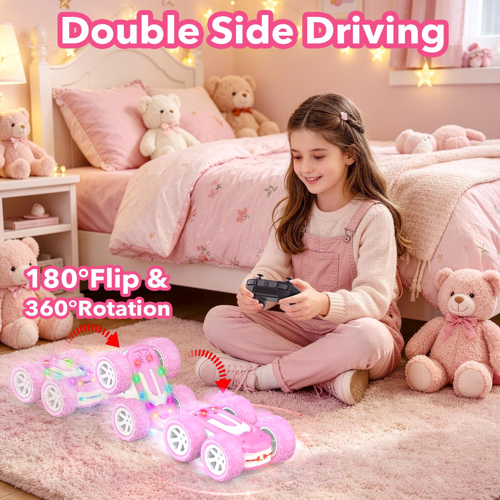 Coche Teledirigido Niña, Carro Telecomandado Coches Acrobatico Juguete Niñas 8-12 años,Coche Radiocontrol con Bateria, Rotación 360° y Luz,Rosa RC remote Car Cumpleaños Navidad Regalo para Niñas Niños