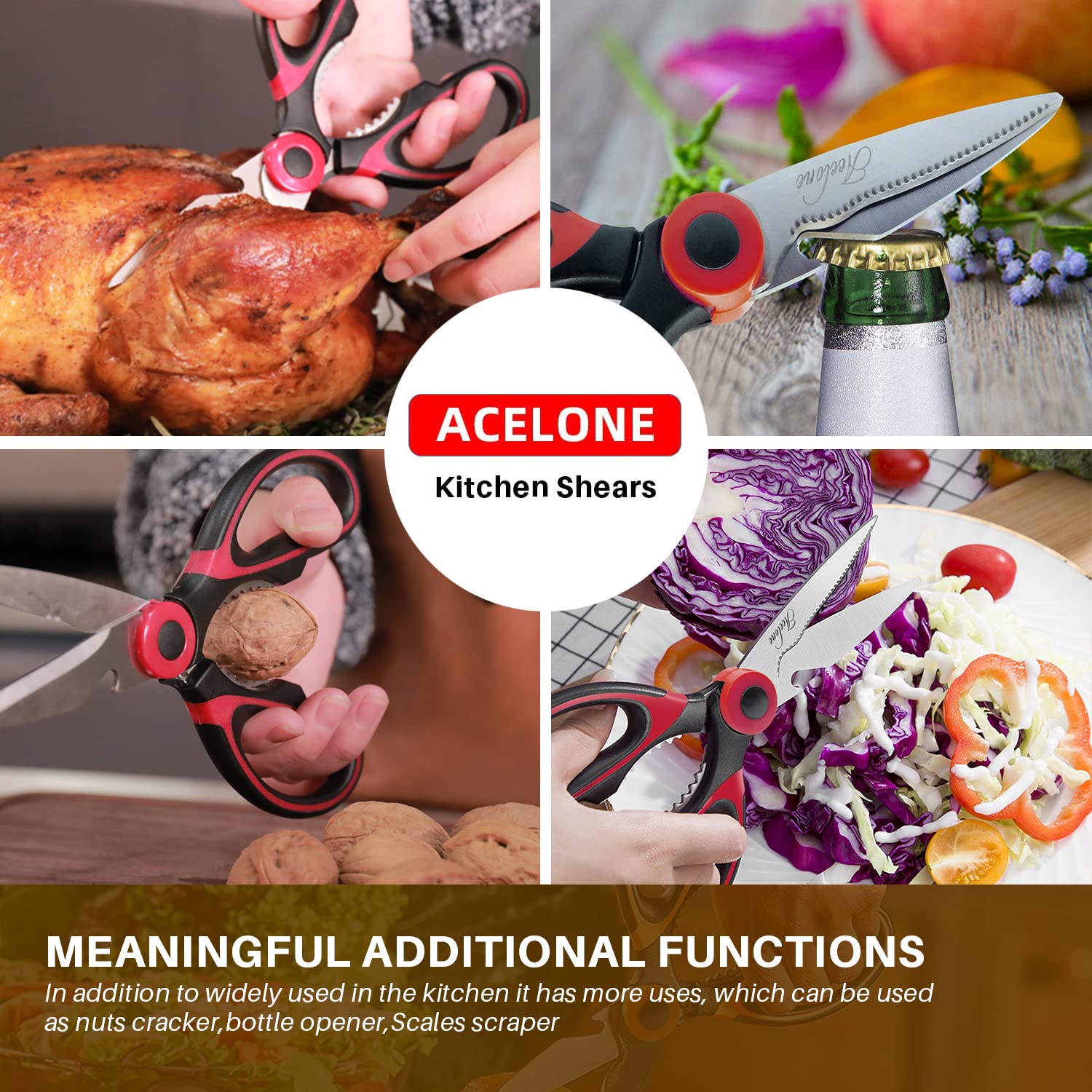 Acelone Acelone Kitchen Shears,Kitchen Scissors Heavy Duty Meat Scissors Poultry Shears, Dishwasher Safe Food Cooking Scissors All Purpose Stainless Steel Utility Scissors, 2-Pack (Red,Orange) in use
