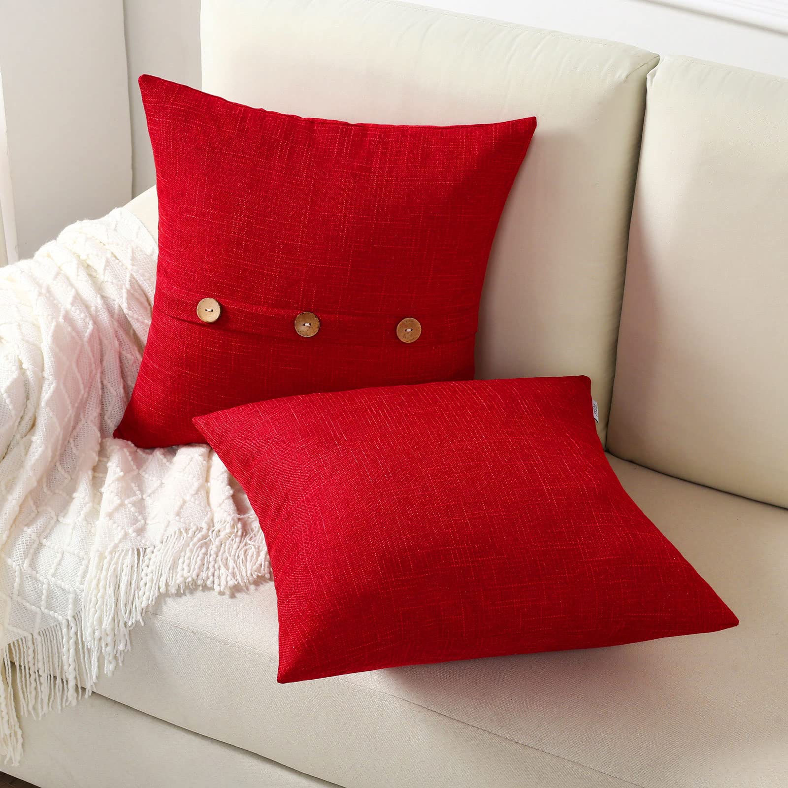 FUTEI Red Linen Decorative Throw Pillow Covers 24x24 Inch Set of 2, Euro Square Cushion Case with Vintage Button/Zipper,Modern Farmhouse Home Decor for Couch,Bed