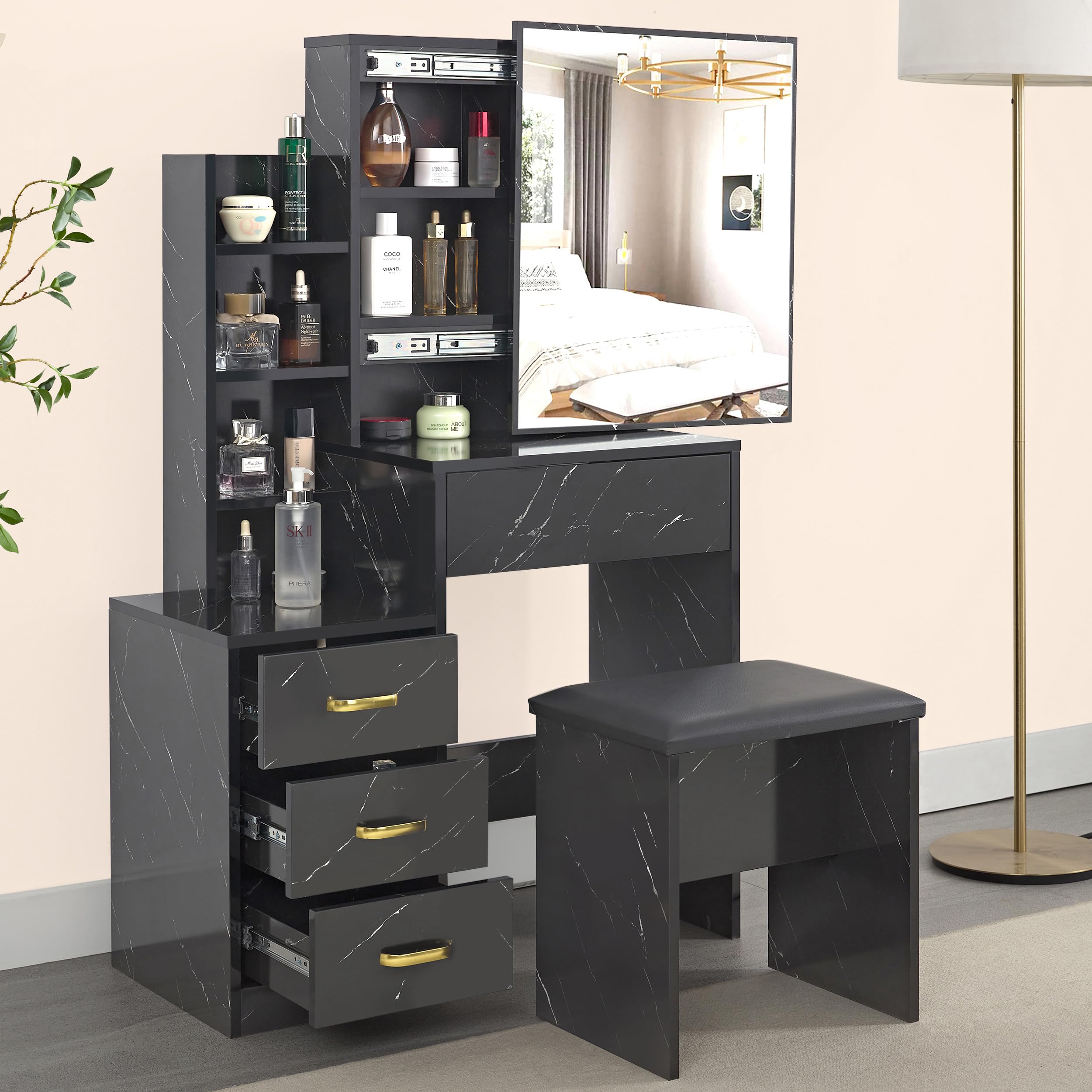 Dressing Table with Mirror and Stool, Makeup Vanity Table, 4 Drawer 3 Shelves Storage Unit Cosmetic Bedroom Dresser Make Up Desk Stool for Living Room, Bedroom Furniture, 90W x 36D x130H cm