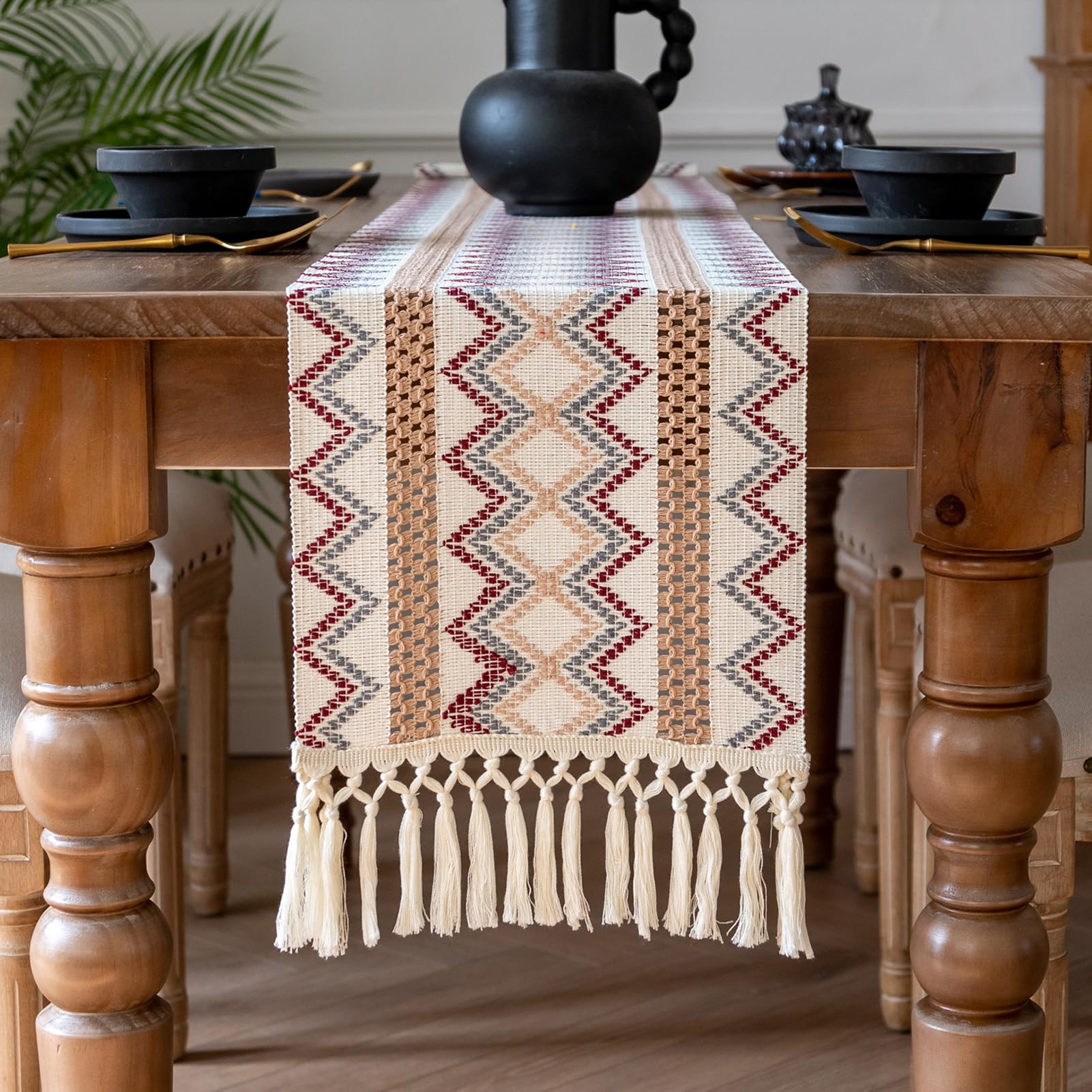 Rustic Boho Table Runner with Tassels 48 Inches Short Table Runner Cotton Washable Woven Table Decor for Birthday Weddings Bridal Shower