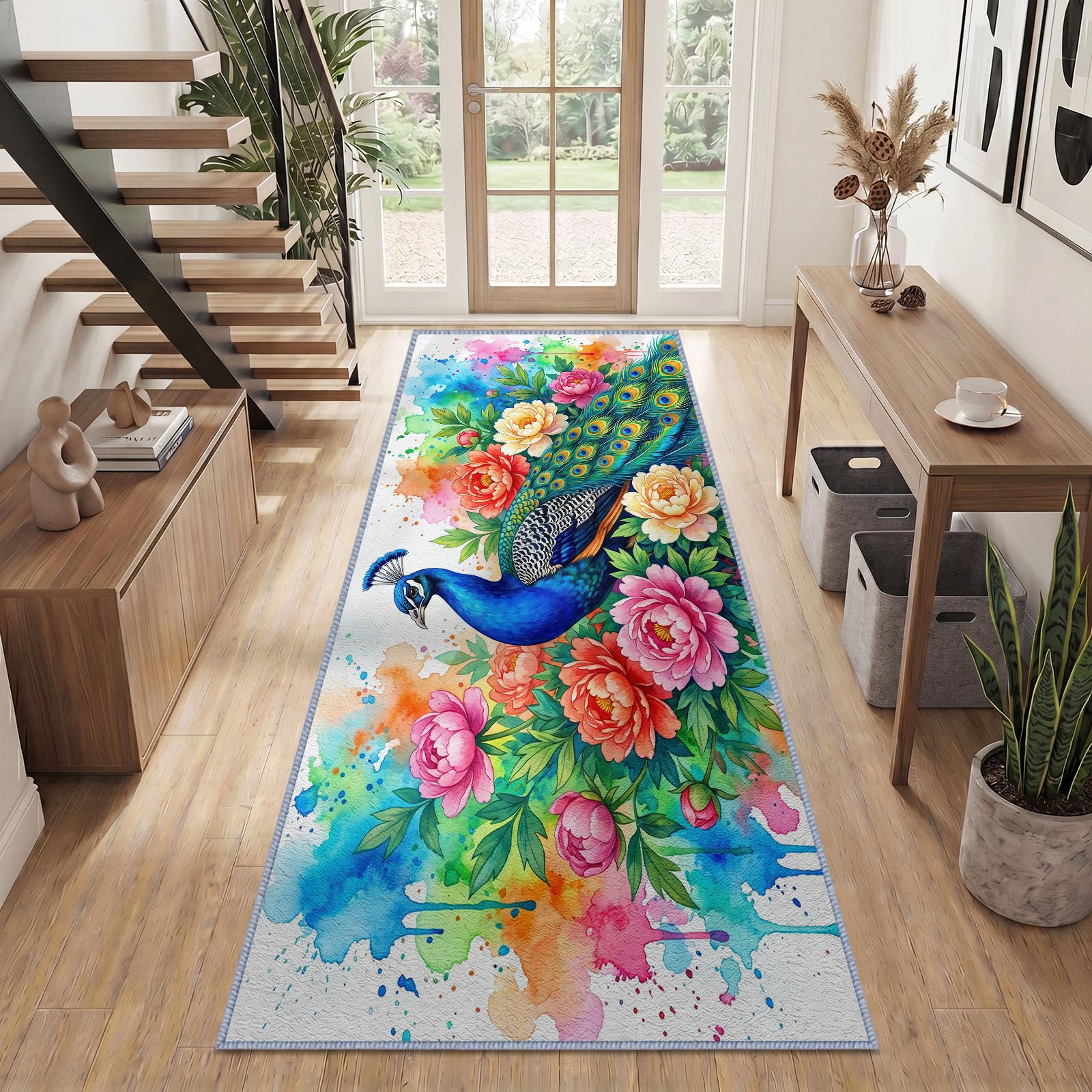 Pavo real azul flores alfombra pasillo lavable a máquina 80x180cm
