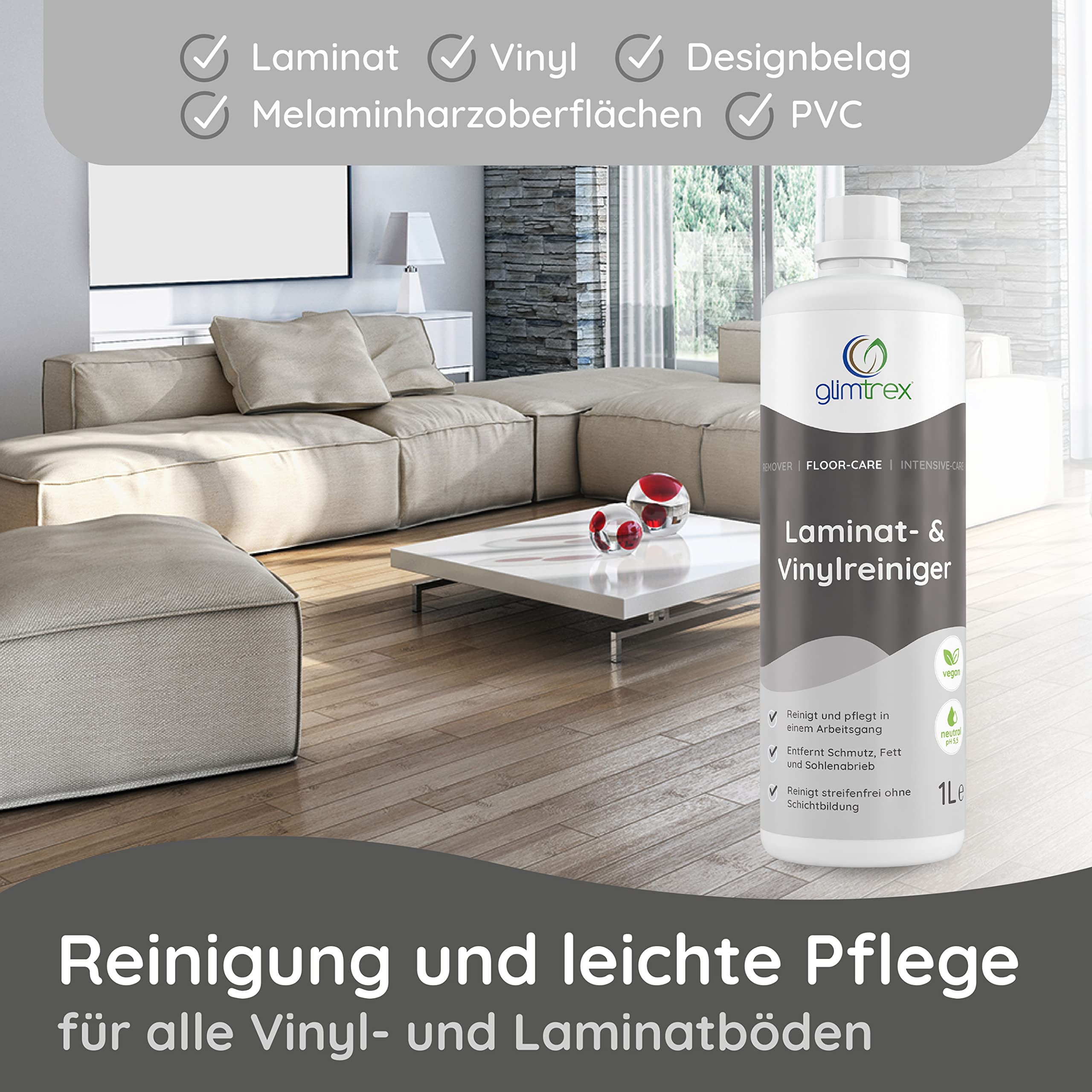 Laminatreiniger und Vinylboden Reiniger (5,0l) - reinigt und pflegt mit 2-in-1 Funktion - der Reiniger der Profis auch anwendbar als PVC Reiniger, PU Reiniger und Linoleum Reiniger