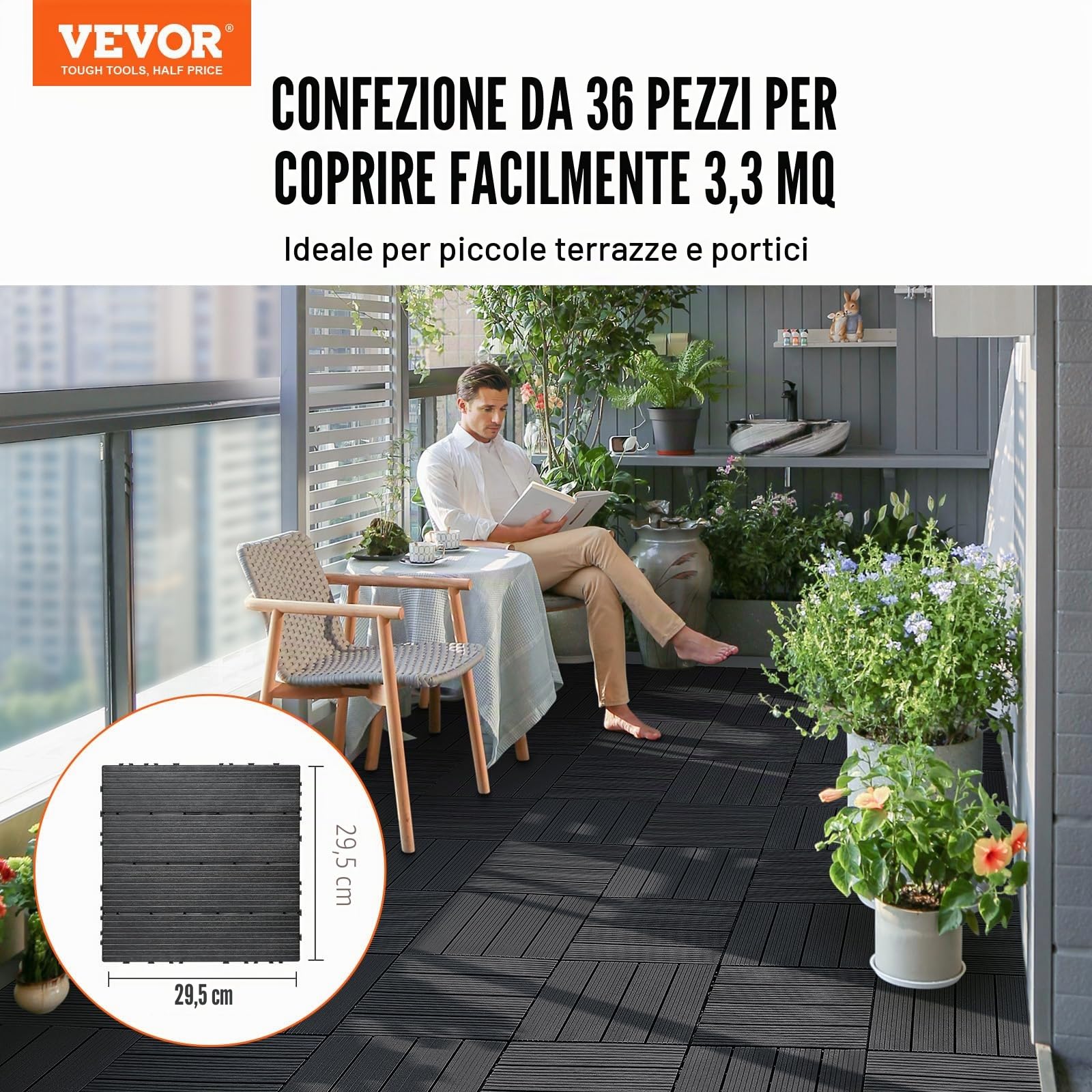 VEVOR Piastrelle per Patio ad Incastro 36 Pezzi 300 x 300 x 20 mm, Piastrelle Impermeabile in Plastica, Piastrelle per Tutte Le Condizioni Atmosferiche, per Portico Piscina Cortile, Grigio Scuro