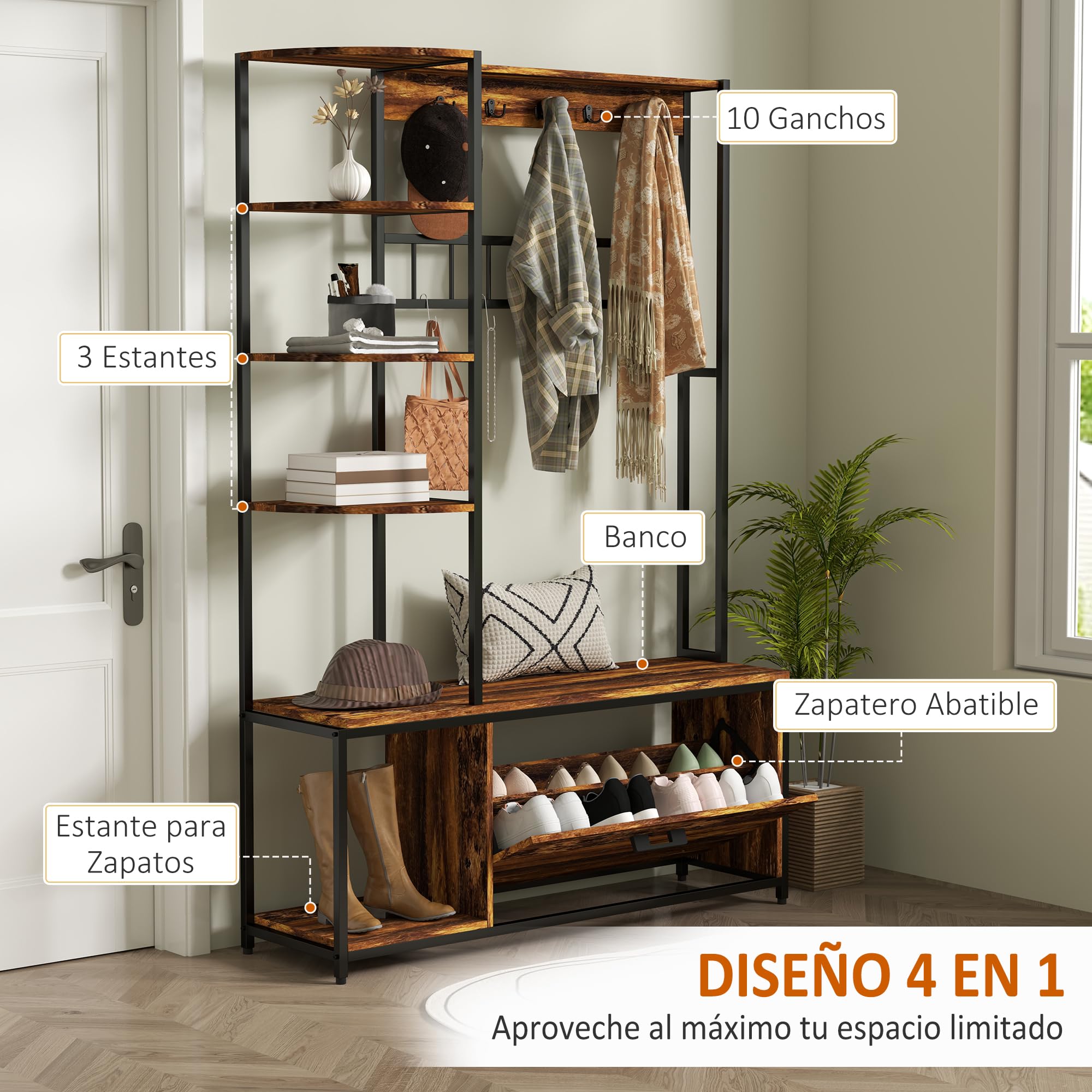 HOMCOM Perchero Zapatero Perchero Entrada Recibidor 4 en 1 con Banco Zapatero de 2 Pisos Estantes Ganchos Compartimento y Sistema Anti-vuelco para Pasillo Dormitorio 120x35x180 cm Marrón Oscuro