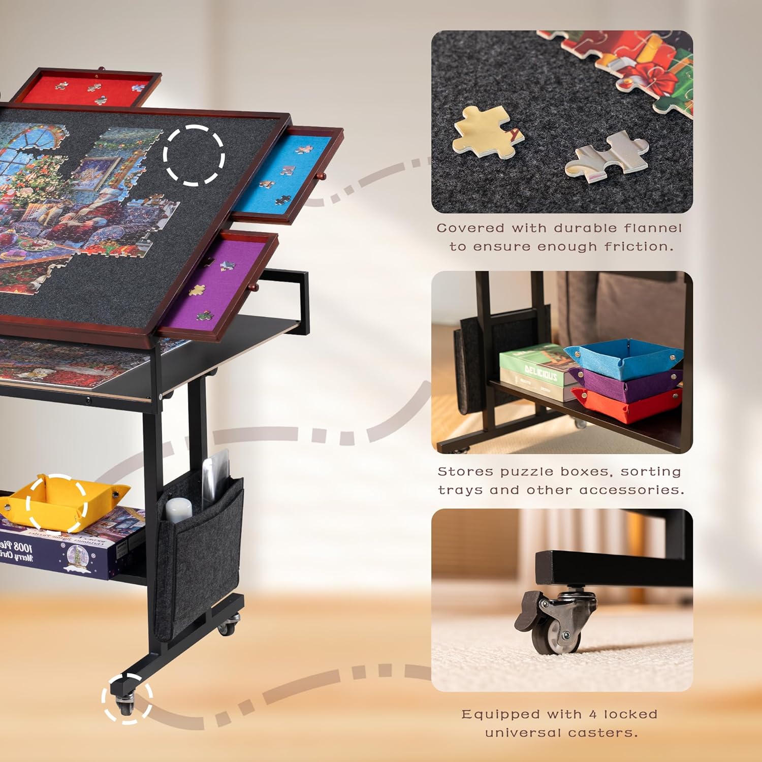 Yesday 1500 Piece Jigsaw Puzzle Table Height Adjustment, Puzzle Board with Cover & 5 Sorting Drawers，Puzzle Easel Tilting Table with Legs, Enclosed with 4 Roller Wheels