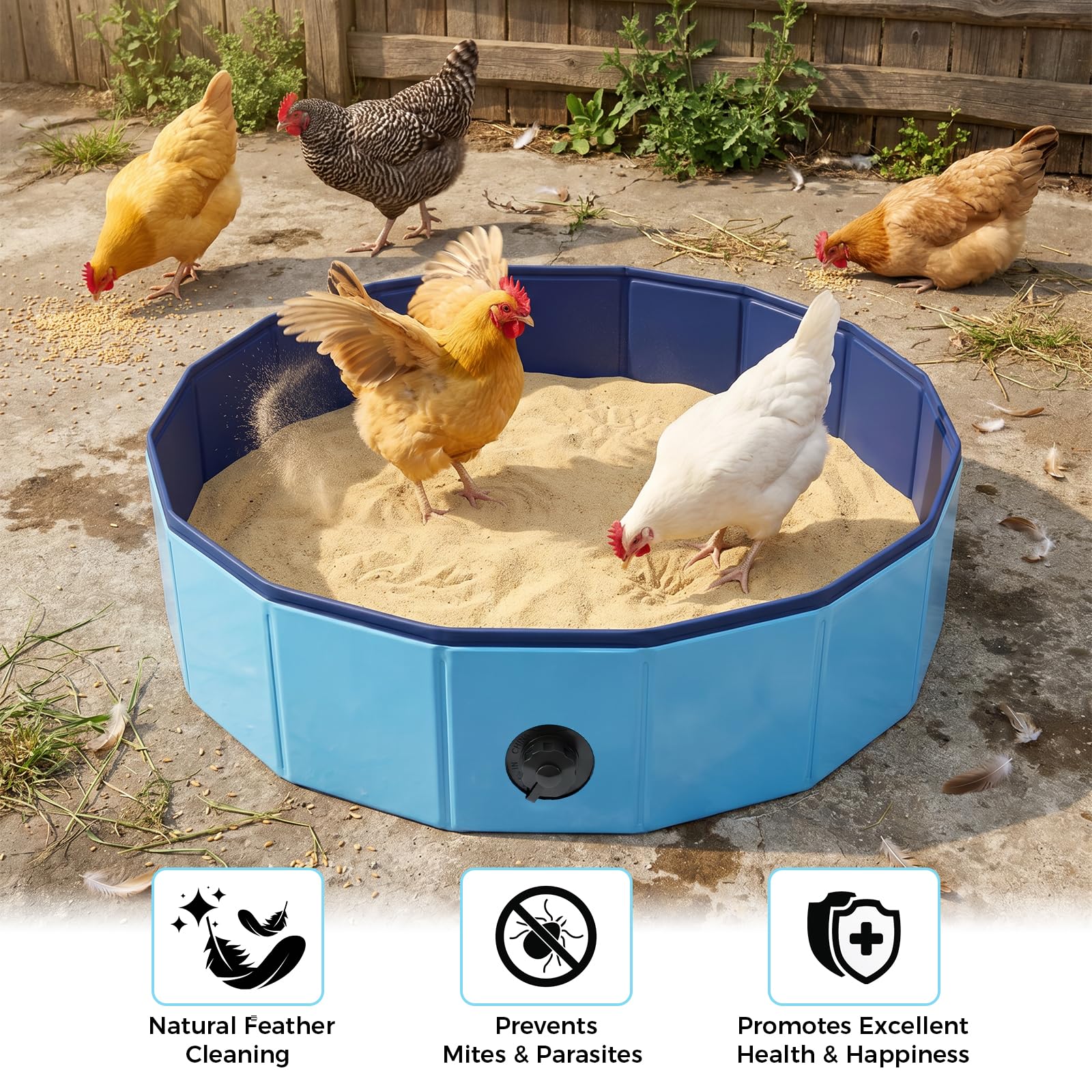 Sandbad Hühner, 80x20cm Faltbar Hühnerstaubbad aus PVC, Wasserdicht und Kaubeständig, Großes Staubbad für Hühner, Ideales Hühnerstall Zubehör für Geflügel (Blau)