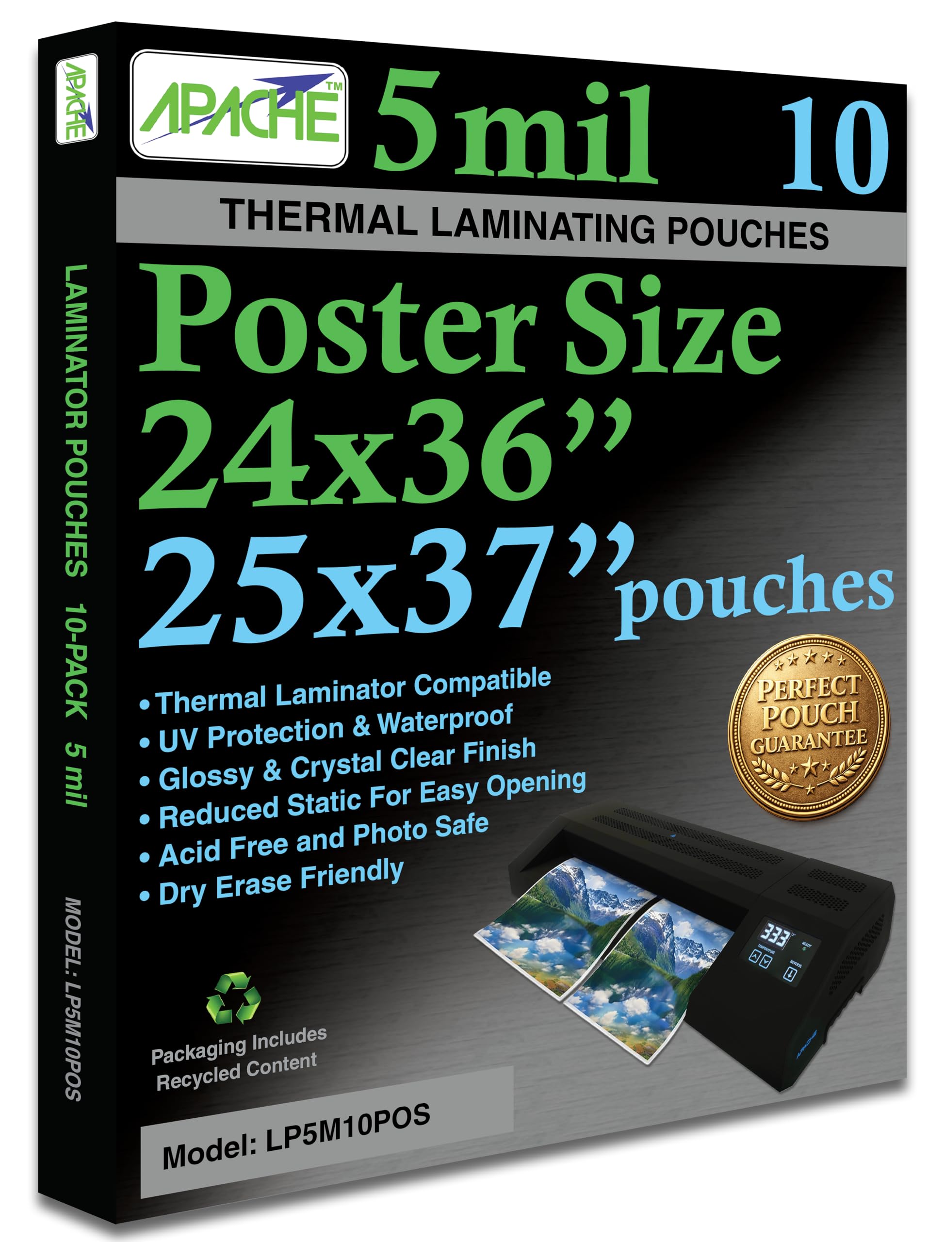 Apache Poster Size Laminating Pouches, 5 Mil, 10 Pack, Holds 24 x 36 Inch Projects (25 x 37 Inch Pouch Size), Thermal Laminator Compatible Laminating Sheets, Super Clear, Round Corners
