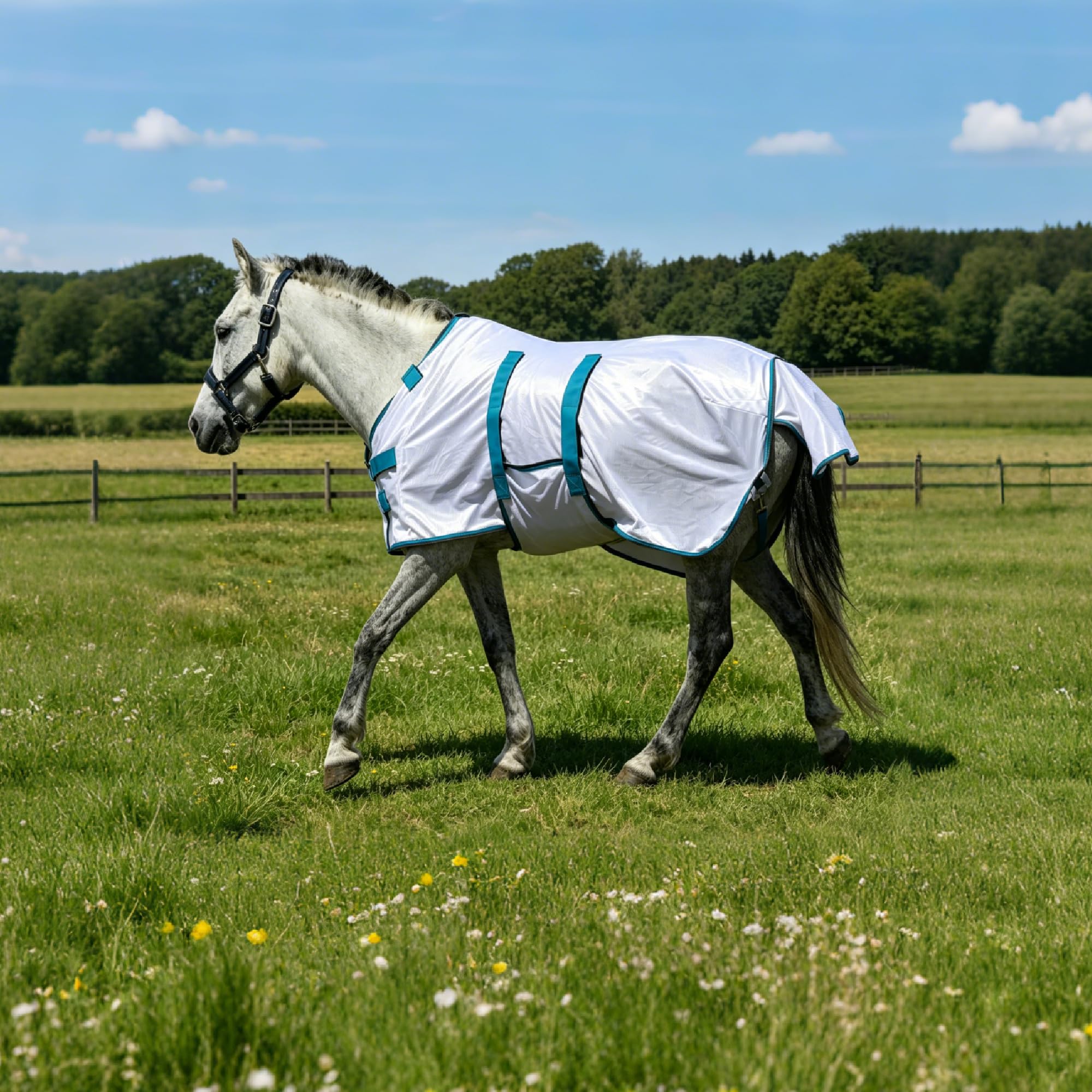 Couverture anti-mouches pour poney avec partie détachable pour le cou, respirante et légère, confortable, couverture d'été pour mini-, shetty- et poneys nains, sangles de poitrine et