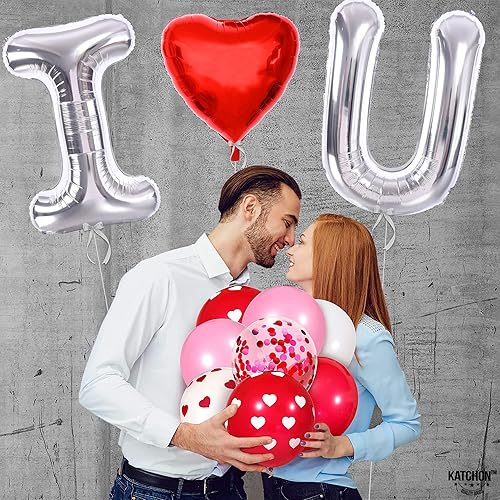 Miniatura 2 de KatchOn, Globos plateados con texto en inglés "I Love You" para él, grandes de 40 pulgadas, globos de corazón rojo, globos con texto en inglés "I